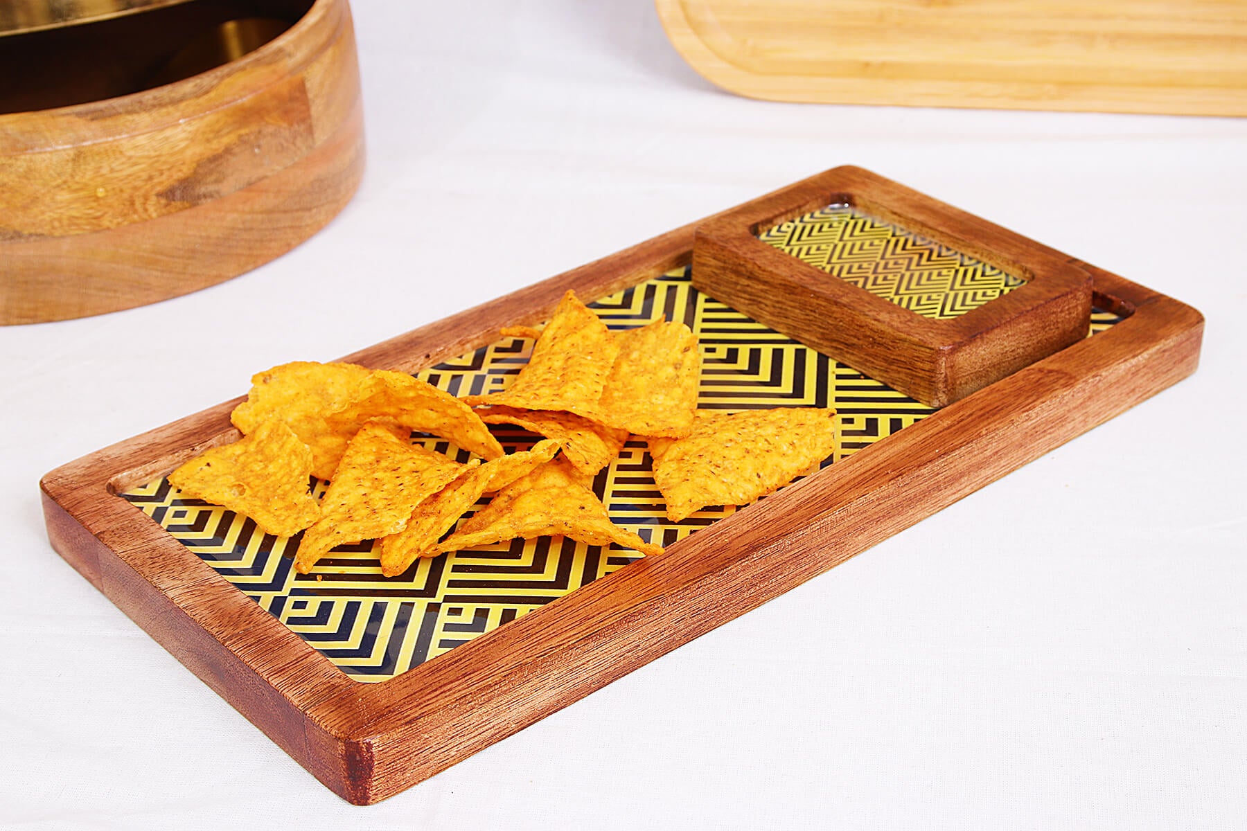 LONG CHIP AND DIP PLATTER WOOD WITH BOWL (Yellow)