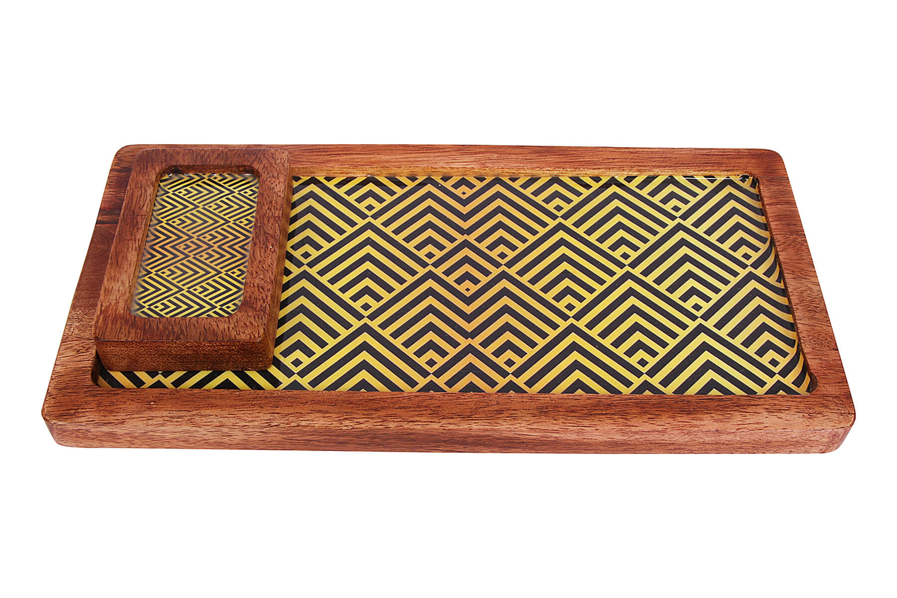 LONG CHIP AND DIP PLATTER WOOD WITH BOWL (Yellow)