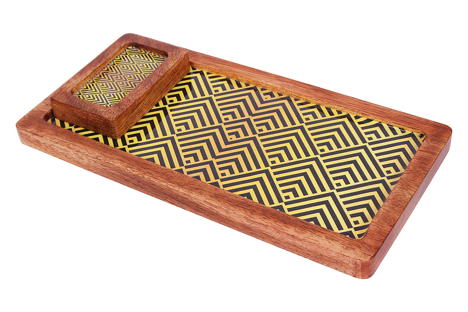 LONG CHIP AND DIP PLATTER WOOD WITH BOWL (Yellow)