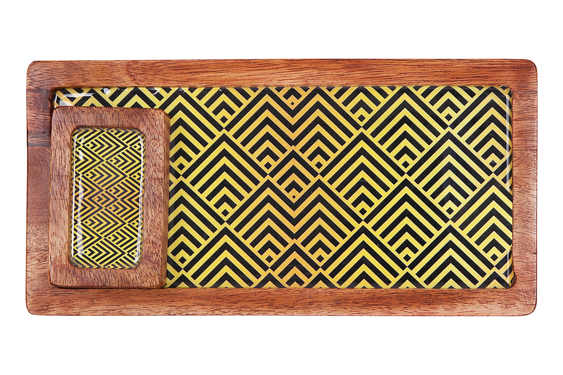 LONG CHIP AND DIP PLATTER WOOD WITH BOWL (Yellow)