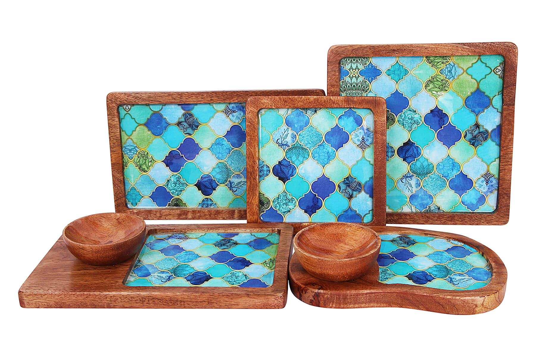 WOODEN SERVING PLATTERS SET/ AZURE DESIGN MANGO WOOD PLATTER/ SET OF 5