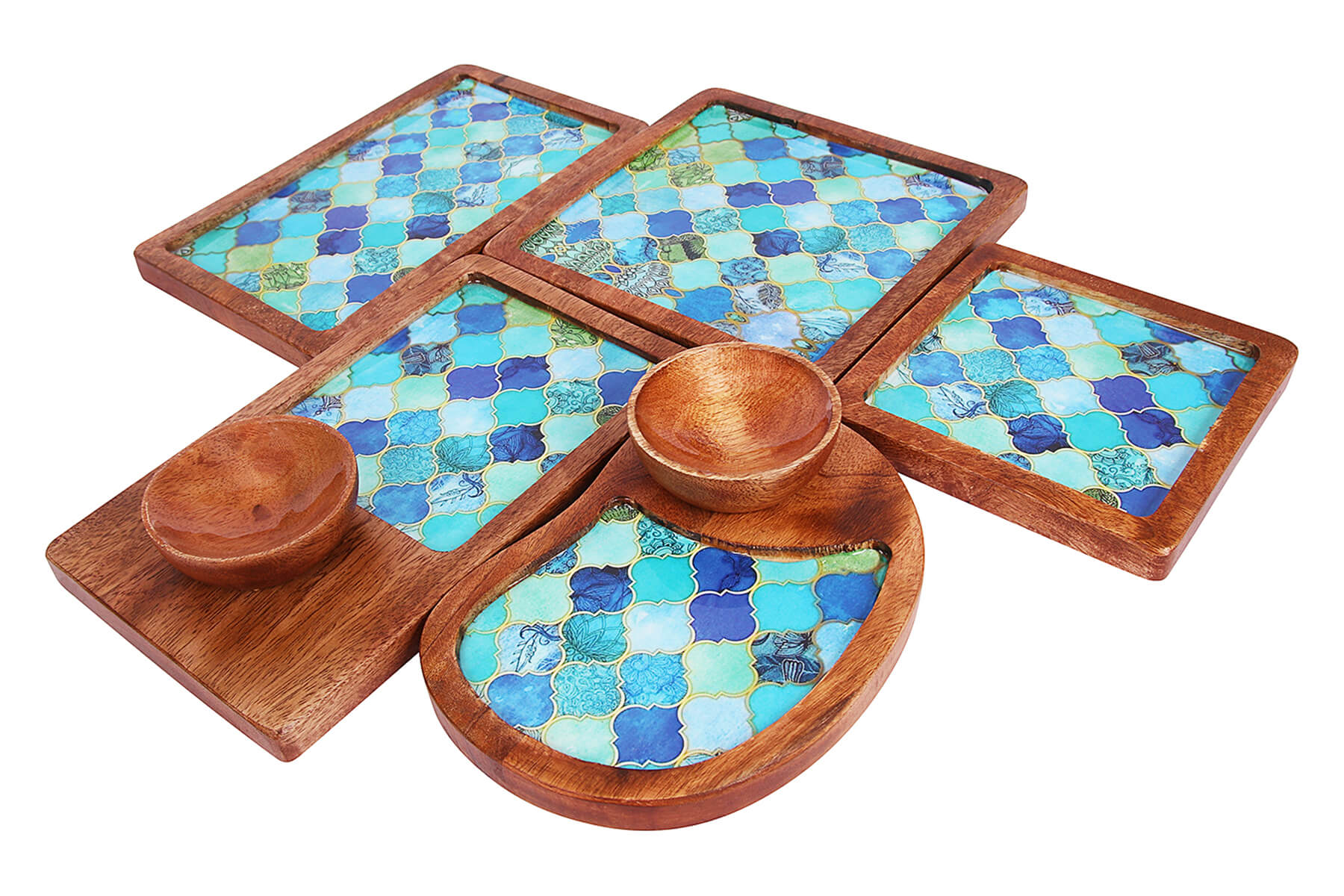 WOODEN SERVING PLATTERS SET/ AZURE DESIGN MANGO WOOD PLATTER/ SET OF 5