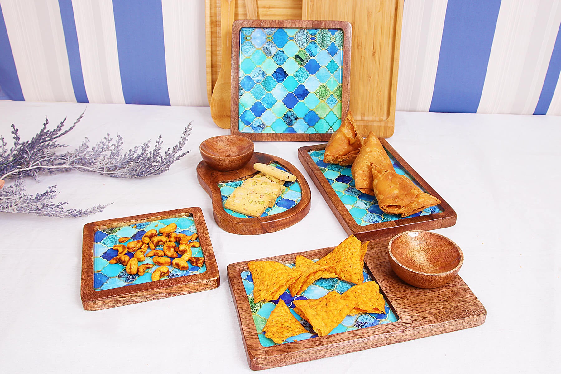 WOODEN SERVING PLATTERS SET/ AZURE DESIGN MANGO WOOD PLATTER/ SET OF 5