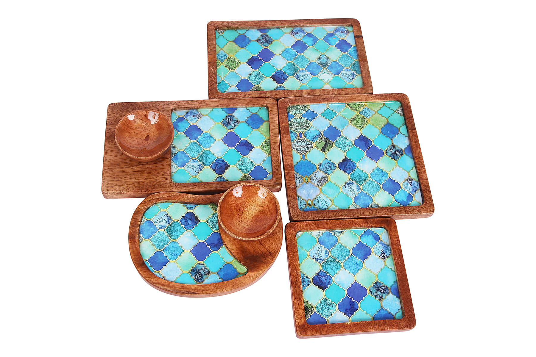 WOODEN SERVING PLATTERS SET/ AZURE DESIGN MANGO WOOD PLATTER/ SET OF 5
