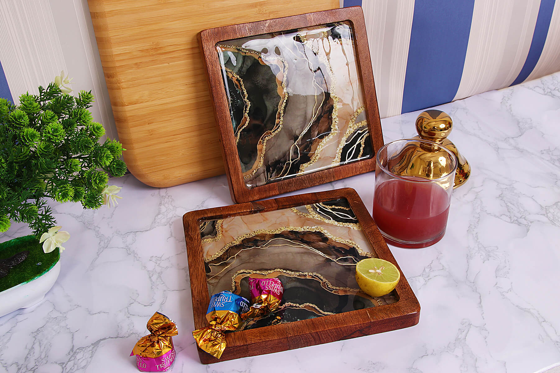 SQUARE WOOD PLATTER MARBLE (SET OF 1)