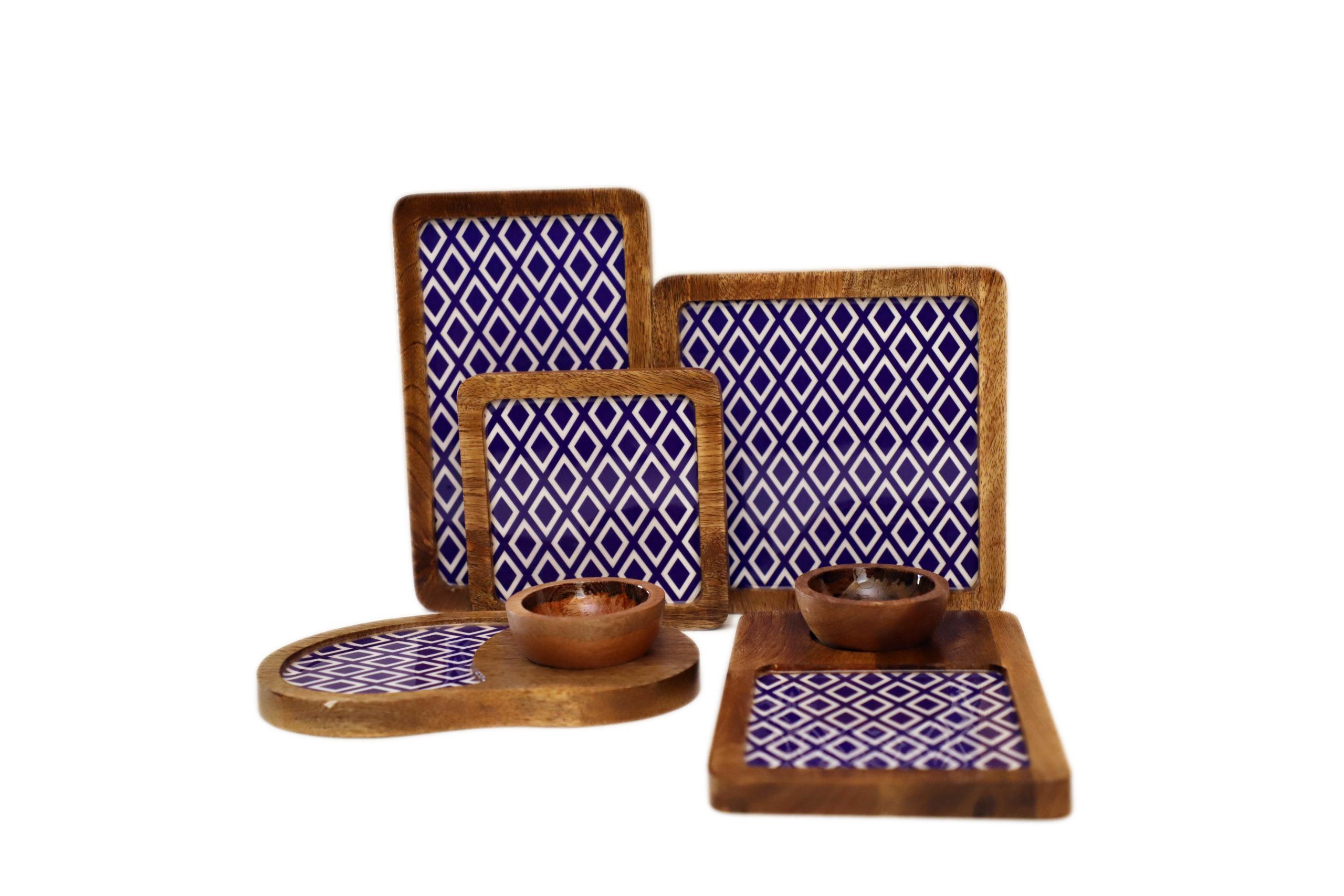 WOODEN SERVING PLATTERS SET/ MANGO WOOD DECORATIVE PLATTERS SET OF 5 FOR KITCHEN AND DINING/ BLUE