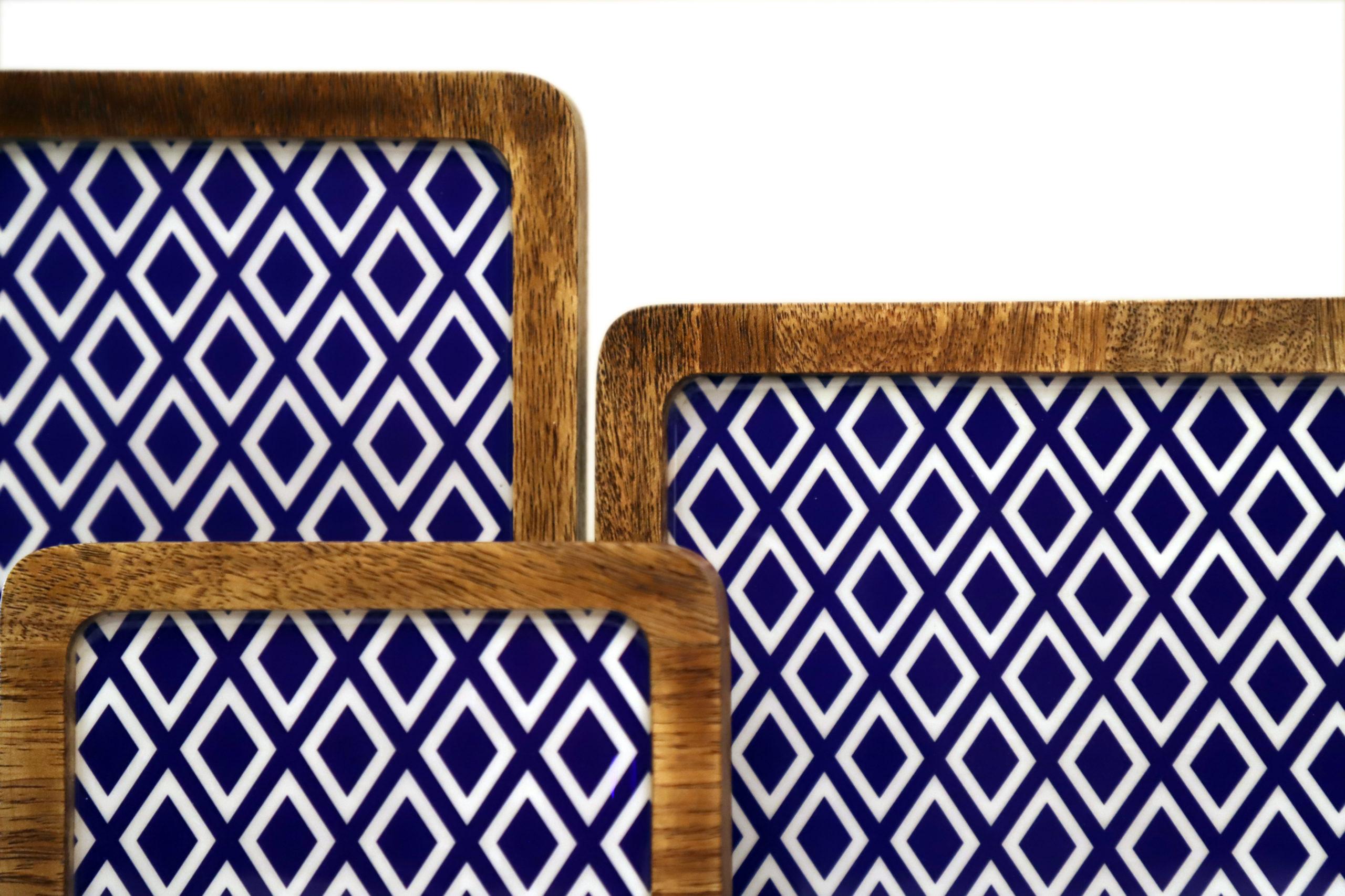 WOODEN SERVING PLATTERS SET/ MANGO WOOD DECORATIVE PLATTERS SET OF 5 FOR KITCHEN AND DINING/ BLUE