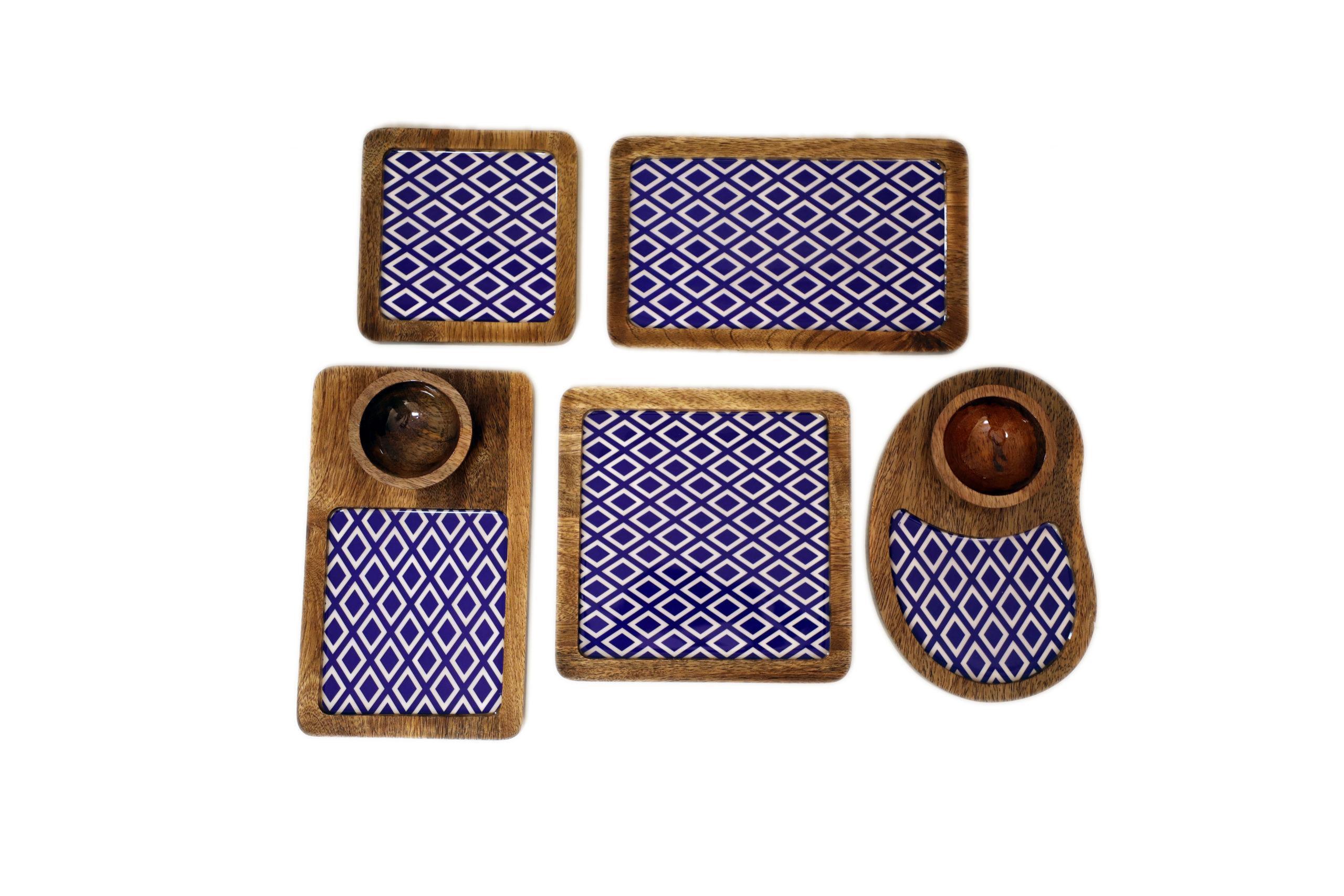 WOODEN SERVING PLATTERS SET/ MANGO WOOD DECORATIVE PLATTERS SET OF 5 FOR KITCHEN AND DINING/ BLUE