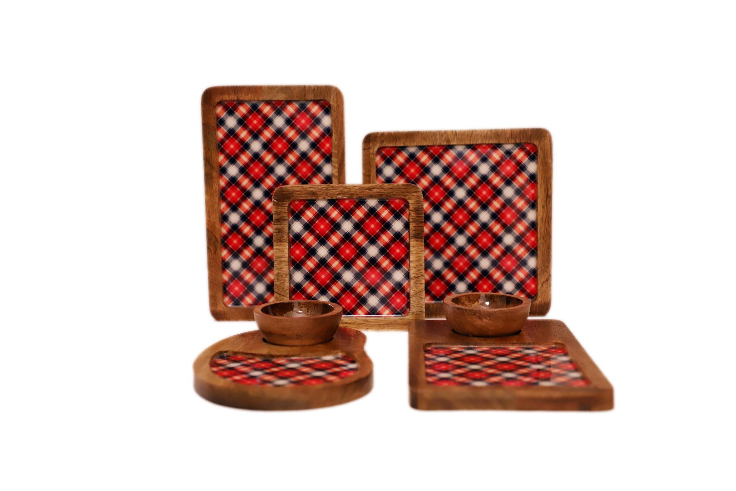 WOODEN SERVING PLATTERS SET/ DECORATIVE PLATTER SET OF 5 FOR KITCHEN AND DINING/ RED CHECK
