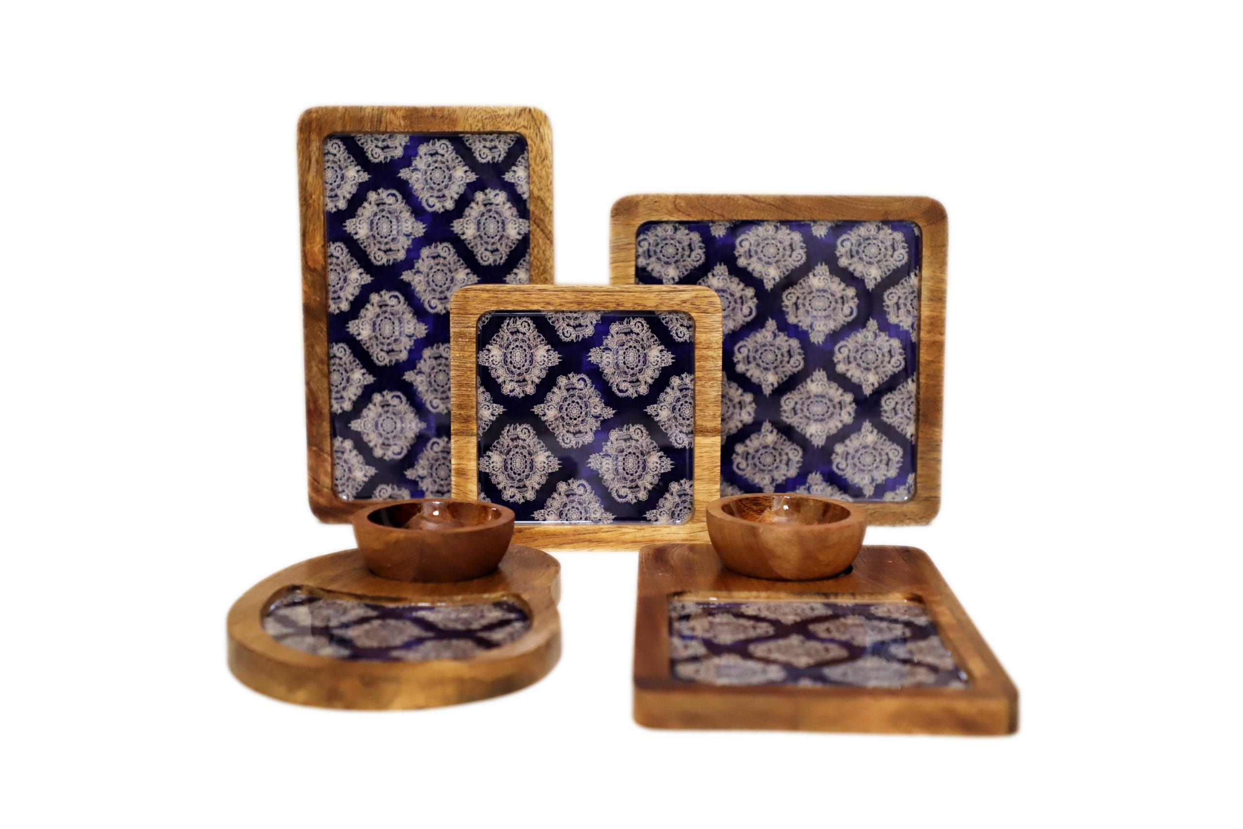 WOODEN SERVING PLATTERS SET/ DECORATIVE PLATTER SET OF 5 FOR KITCHEN AND DINING/ BLUE MOTIF