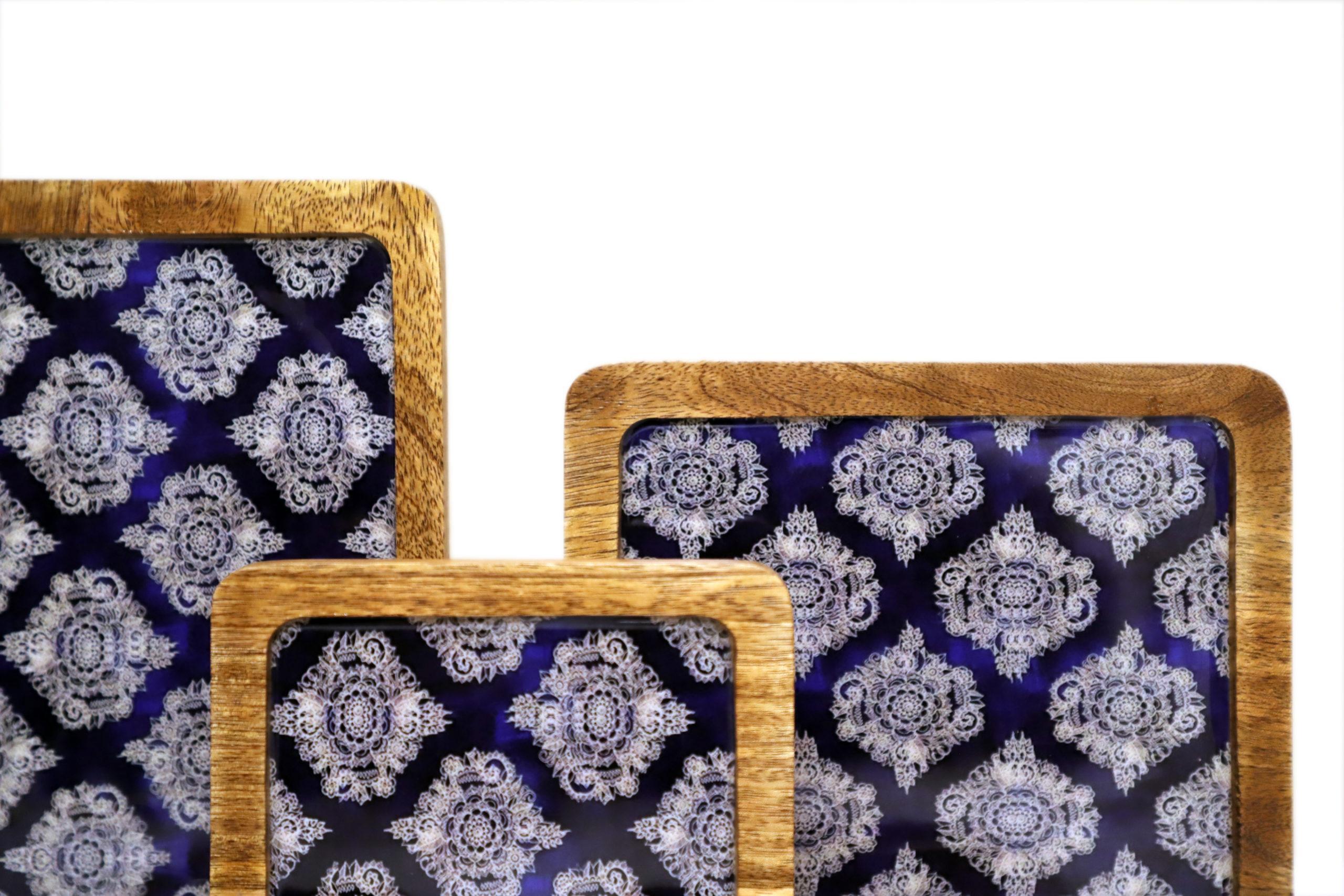 WOODEN SERVING PLATTERS SET/ DECORATIVE PLATTER SET OF 5 FOR KITCHEN AND DINING/ BLUE MOTIF