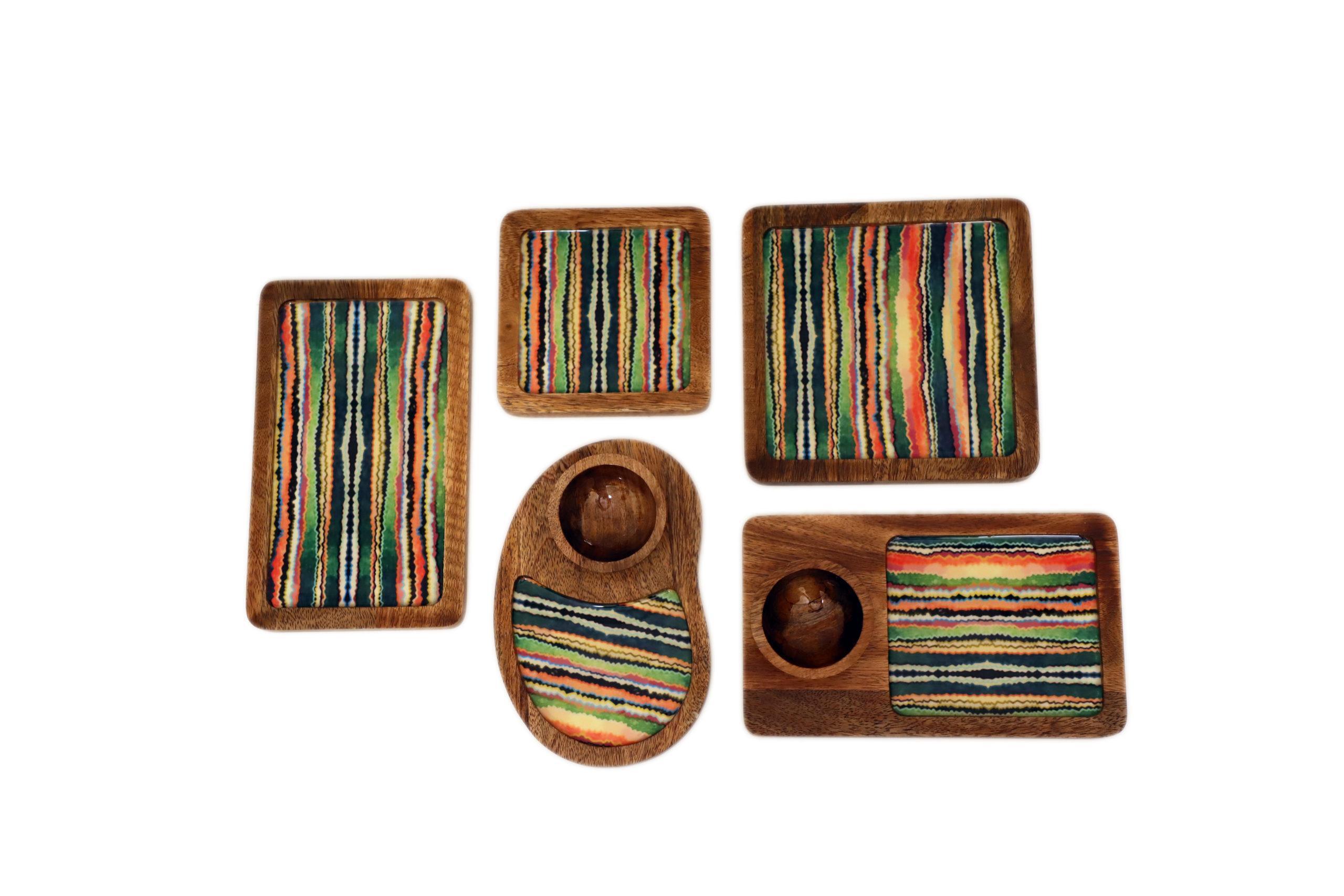 DECORATIVE SERVING PLATTERS SET/ WOODEN PLATTER SET OF 5 FOR KITCHEN AND DINING/ GREEN LINES