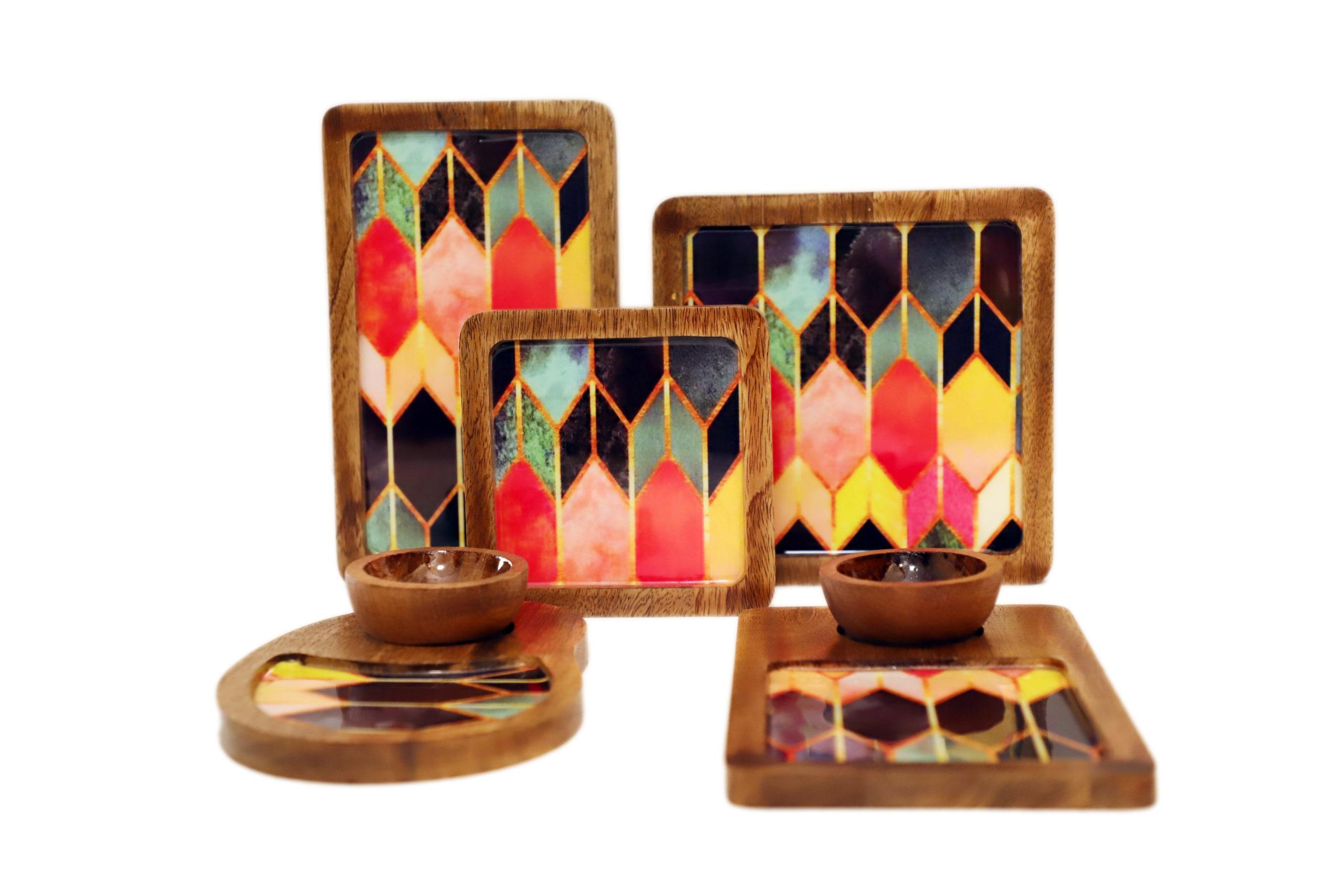DECORATIVE SERVING PLATTERS SET/ WOODEN PLATTER SET OF 5 FOR KITCHEN AND DINING/ MULTICOLOUR