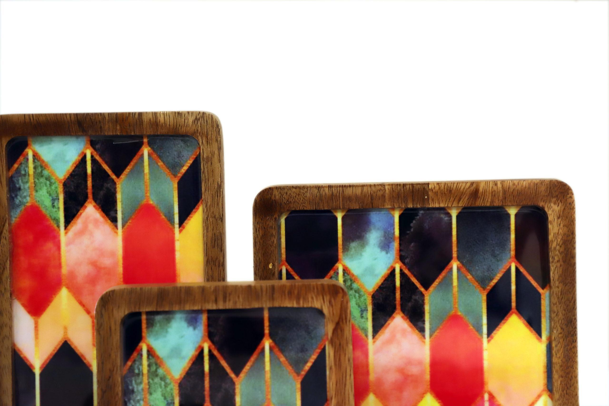 DECORATIVE SERVING PLATTERS SET/ WOODEN PLATTER SET OF 5 FOR KITCHEN AND DINING/ MULTICOLOUR