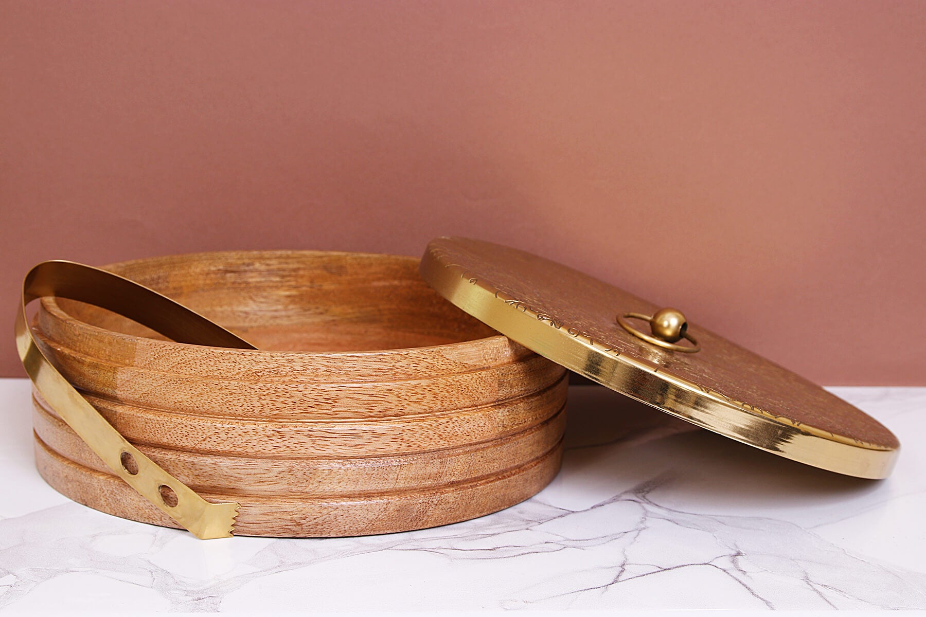GOLDEN TWIGS MANGO WOOD AND METAL ROTI BOX WITH TONG
