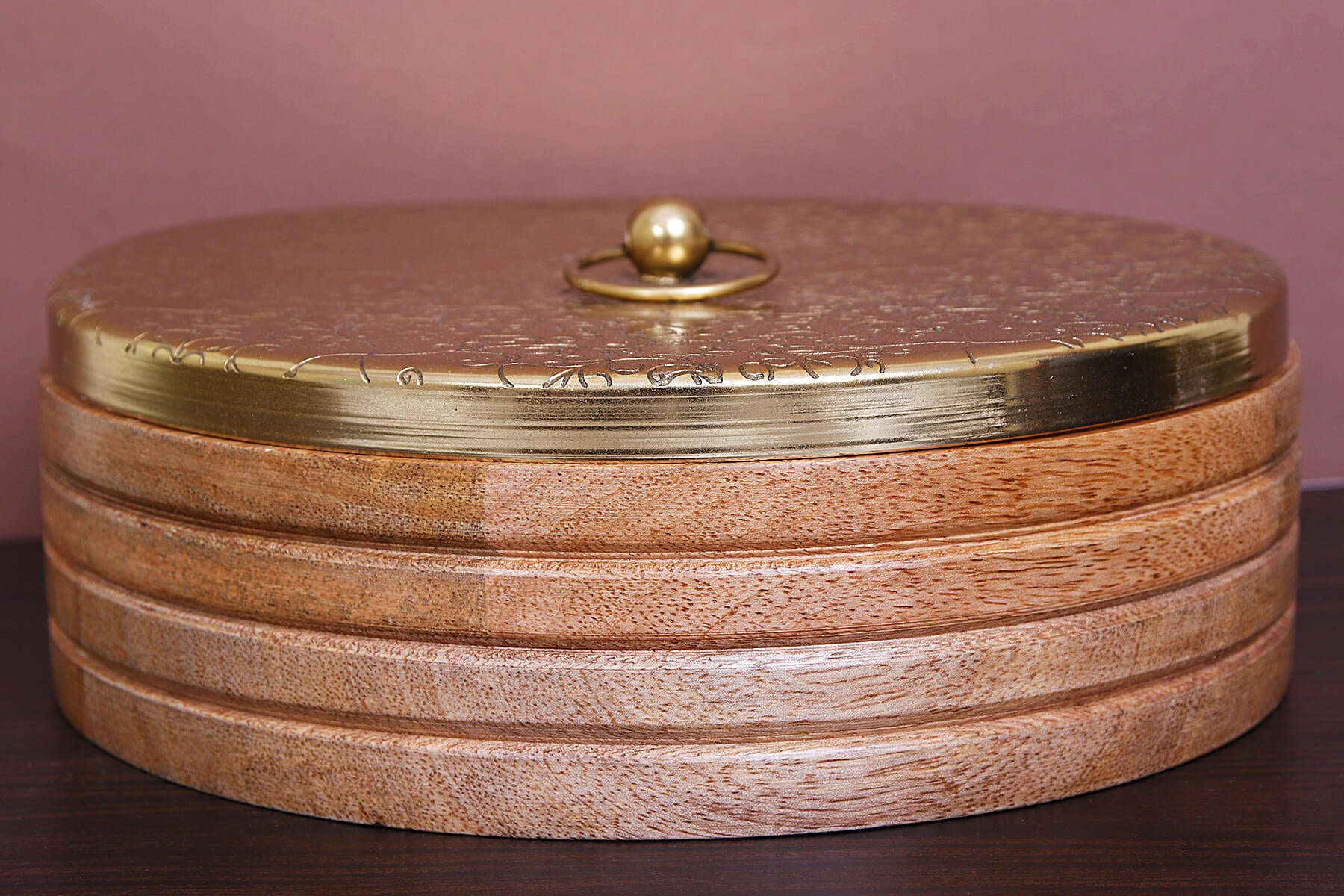 Mango Wood Roti Box with Golden Twigs Lid