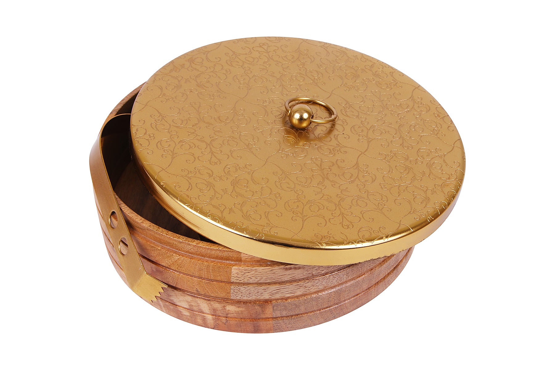 Mango Wood Roti Box with Golden Twigs Lid