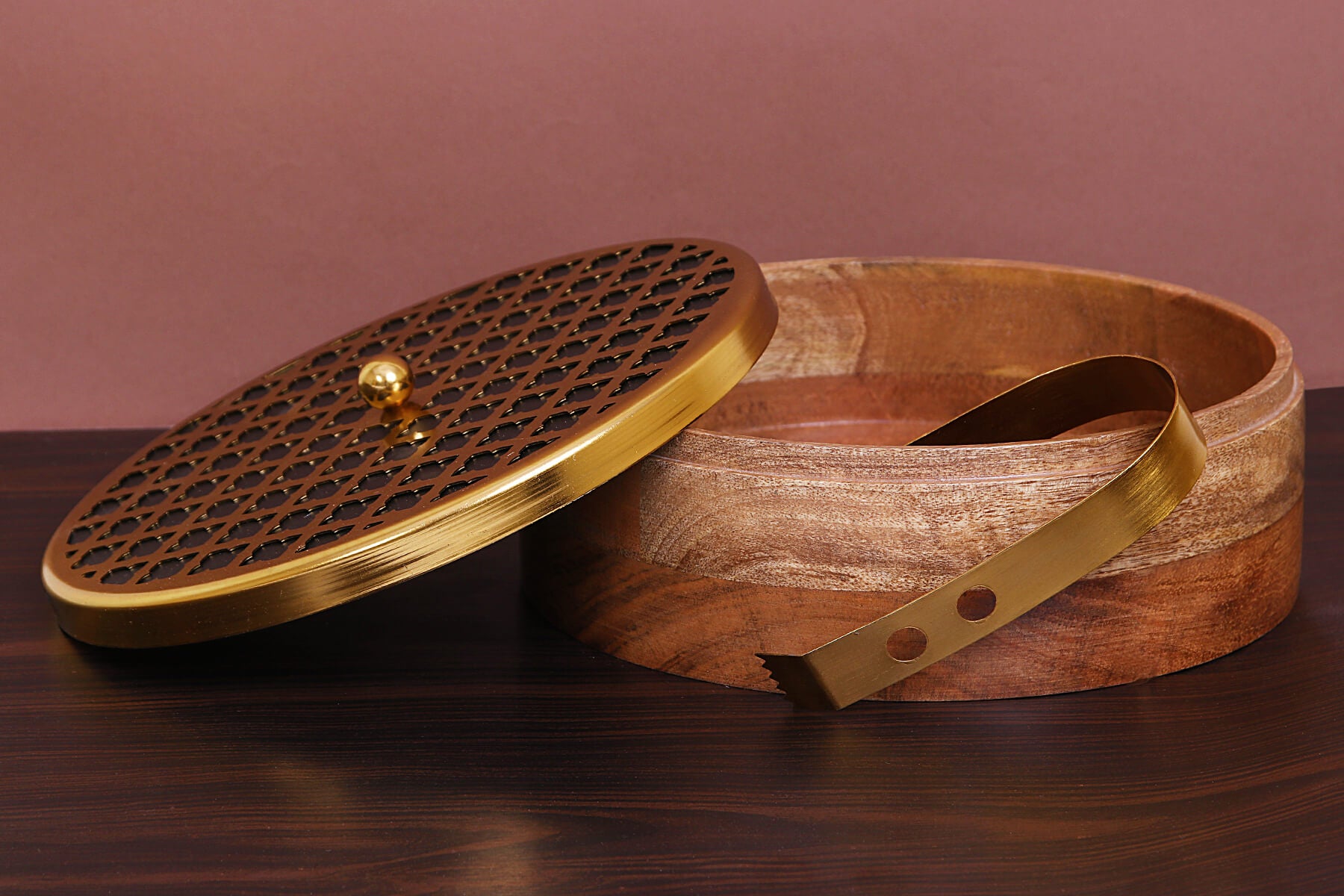 CARVED MANGO WOOD AND METAL ROTI BOX WITH TONG