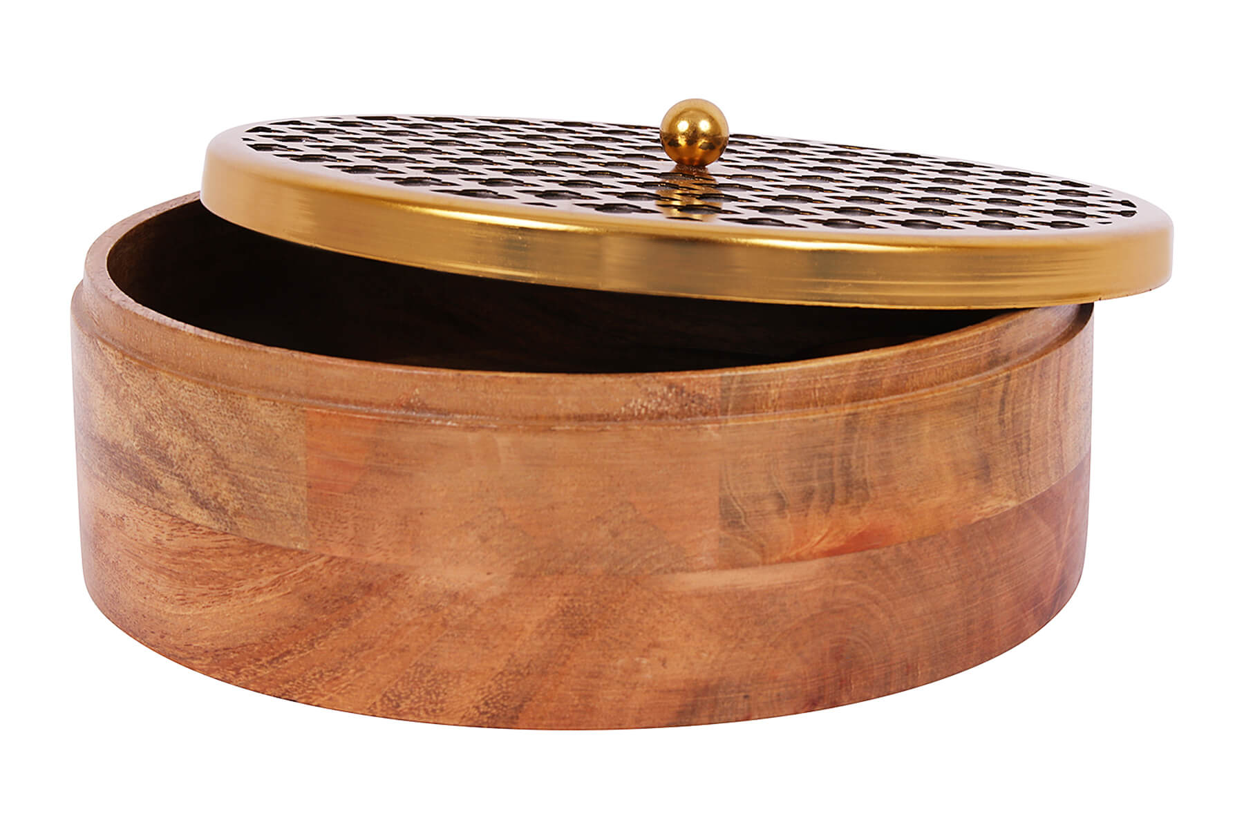 CARVED MANGO WOOD AND METAL ROTI BOX WITH TONG
