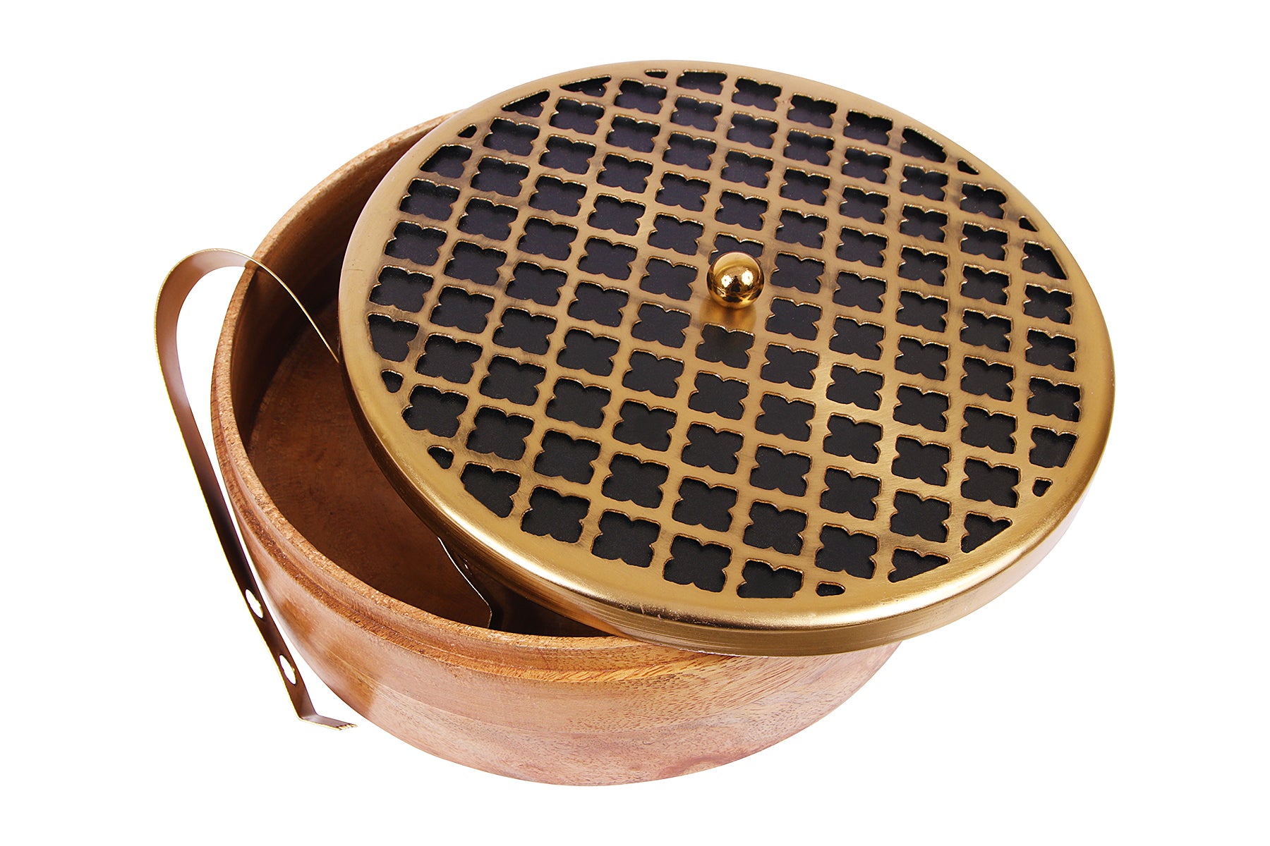 CARVED MANGO WOOD AND METAL ROTI BOX WITH TONG