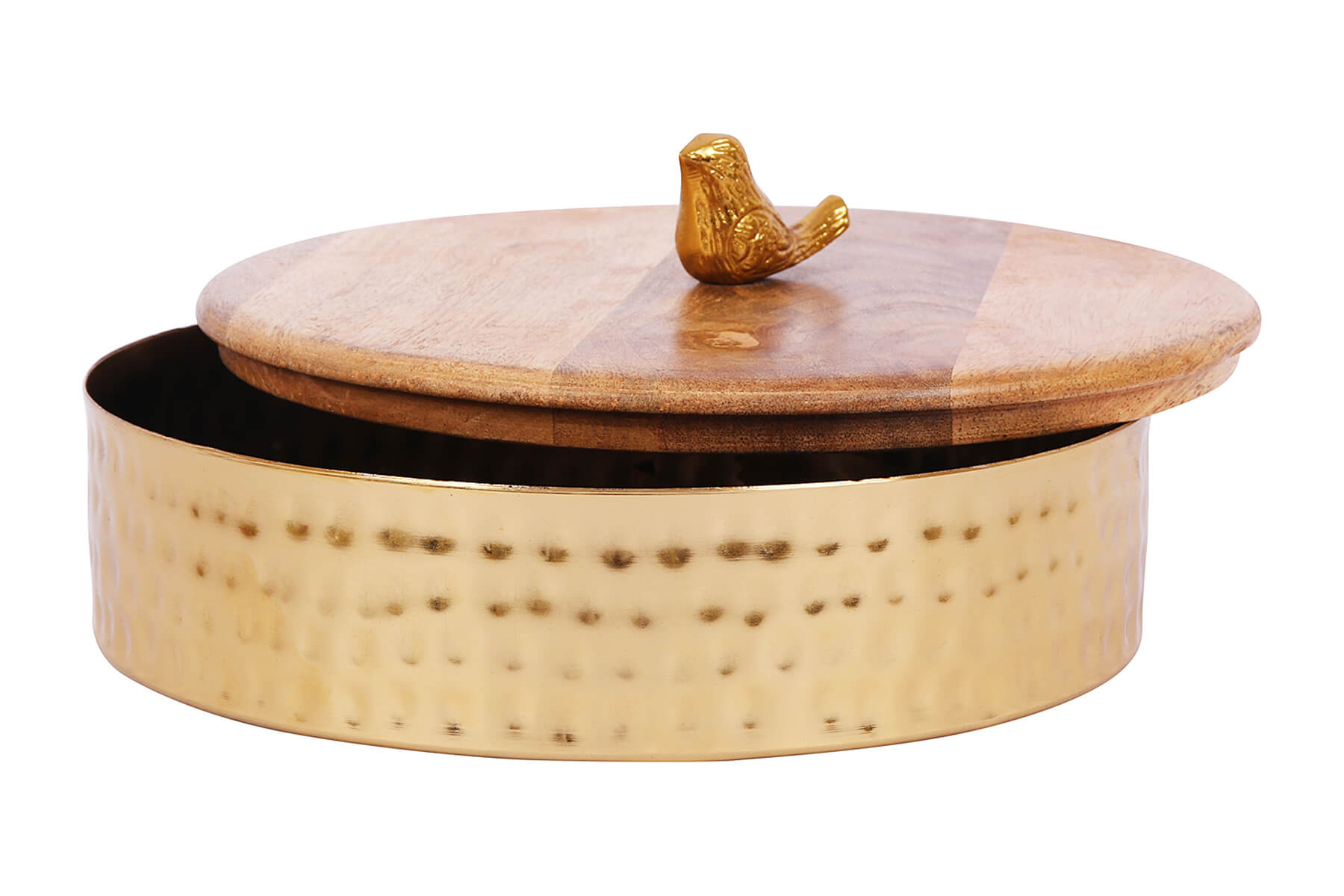 MANGO WOOD AND METAL ROTI BOX WITH BIRD KNOB
