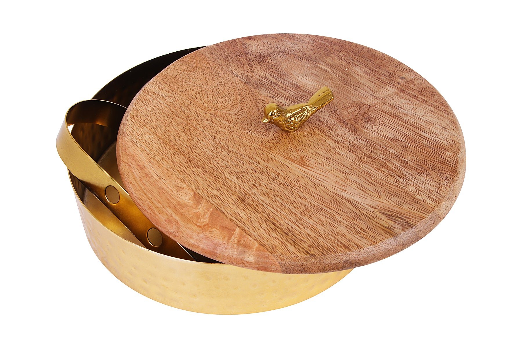 MANGO WOOD AND METAL ROTI BOX WITH BIRD KNOB