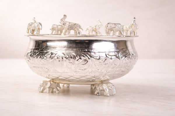 Silver Plated Brass Urli with Elephant Motif