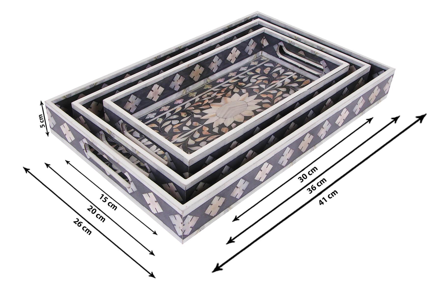 GREY MUGHAL PRINT SERVING TRAYS SET OF 3