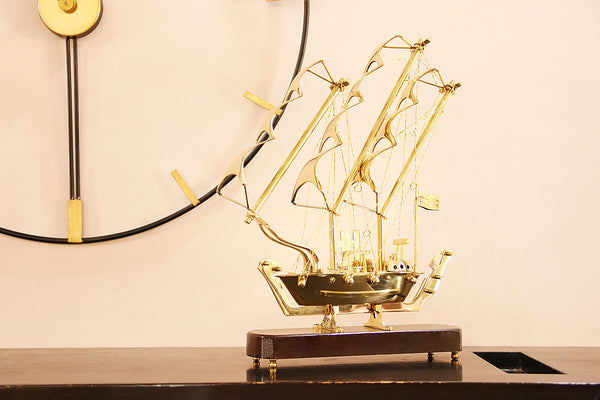Handcrafted Brass Ship Showpiece with Wooden Base