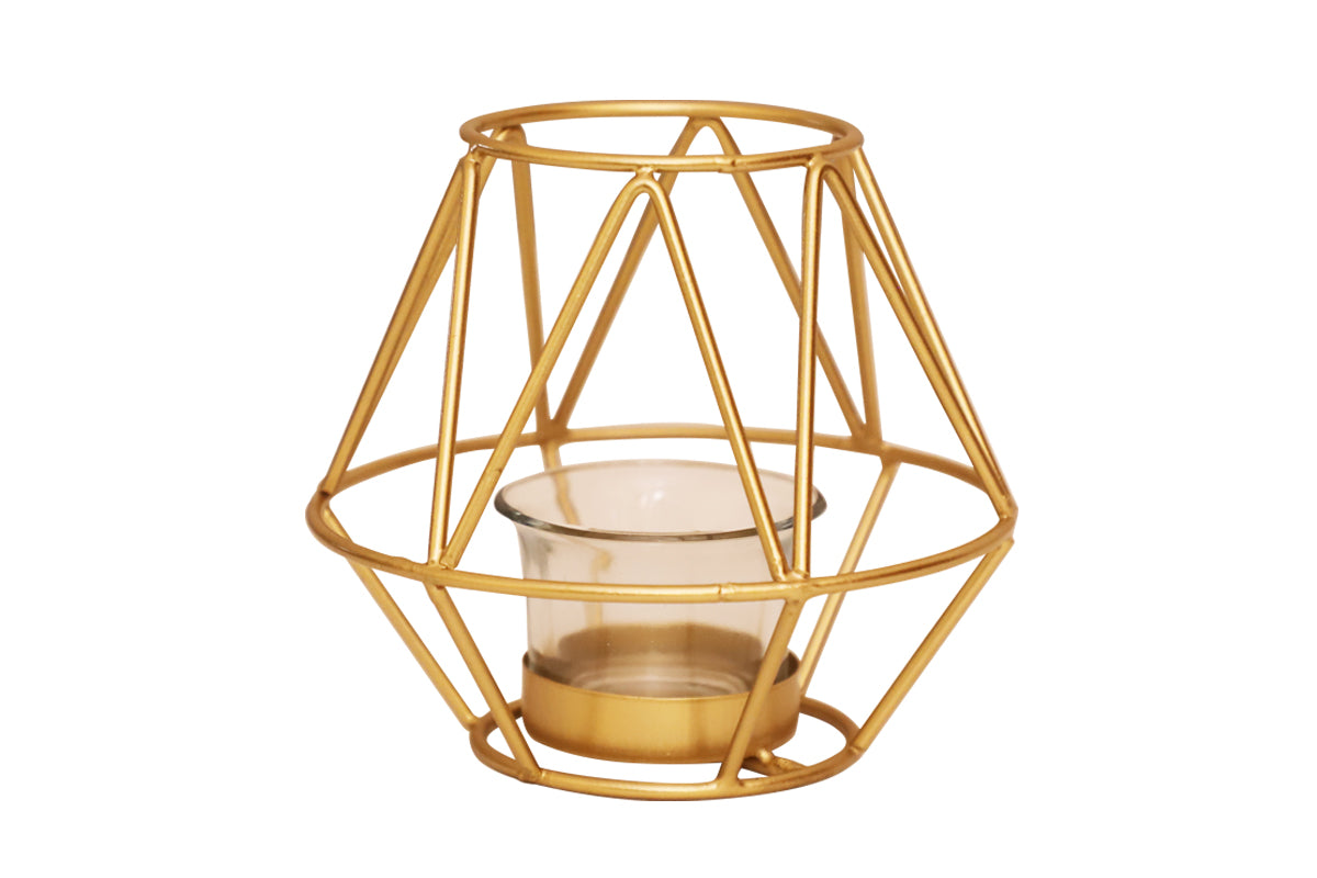 GEOMETRIC CANDLE TEALIGHT HOLDER/METAL/13cm/PYRAMID SHAPE/GOLDEN COLOR