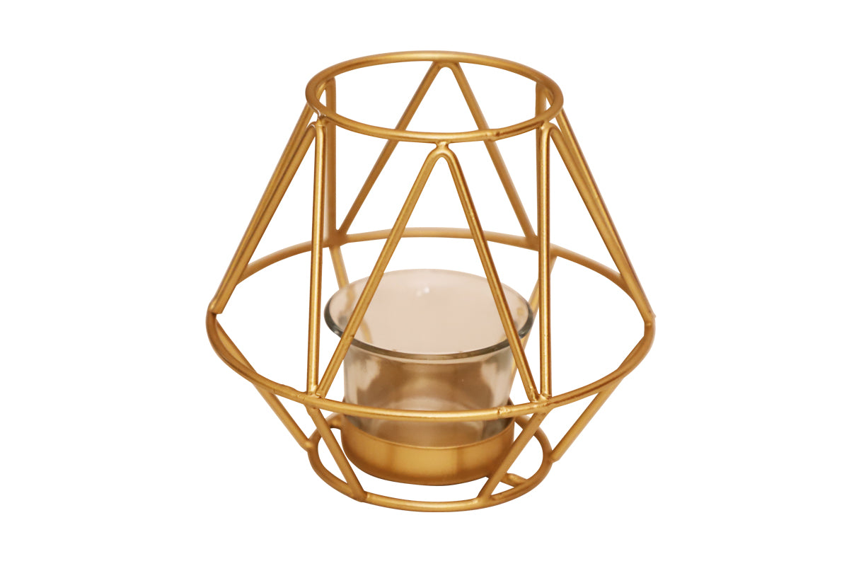 GEOMETRIC CANDLE TEALIGHT HOLDER/METAL/13cm/PYRAMID SHAPE/GOLDEN COLOR