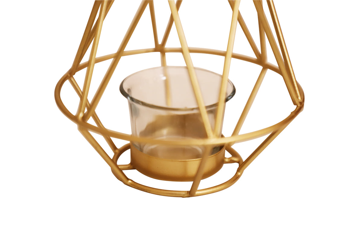 GEOMETRIC CANDLE TEALIGHT HOLDER/METAL/13cm/PYRAMID SHAPE/GOLDEN COLOR