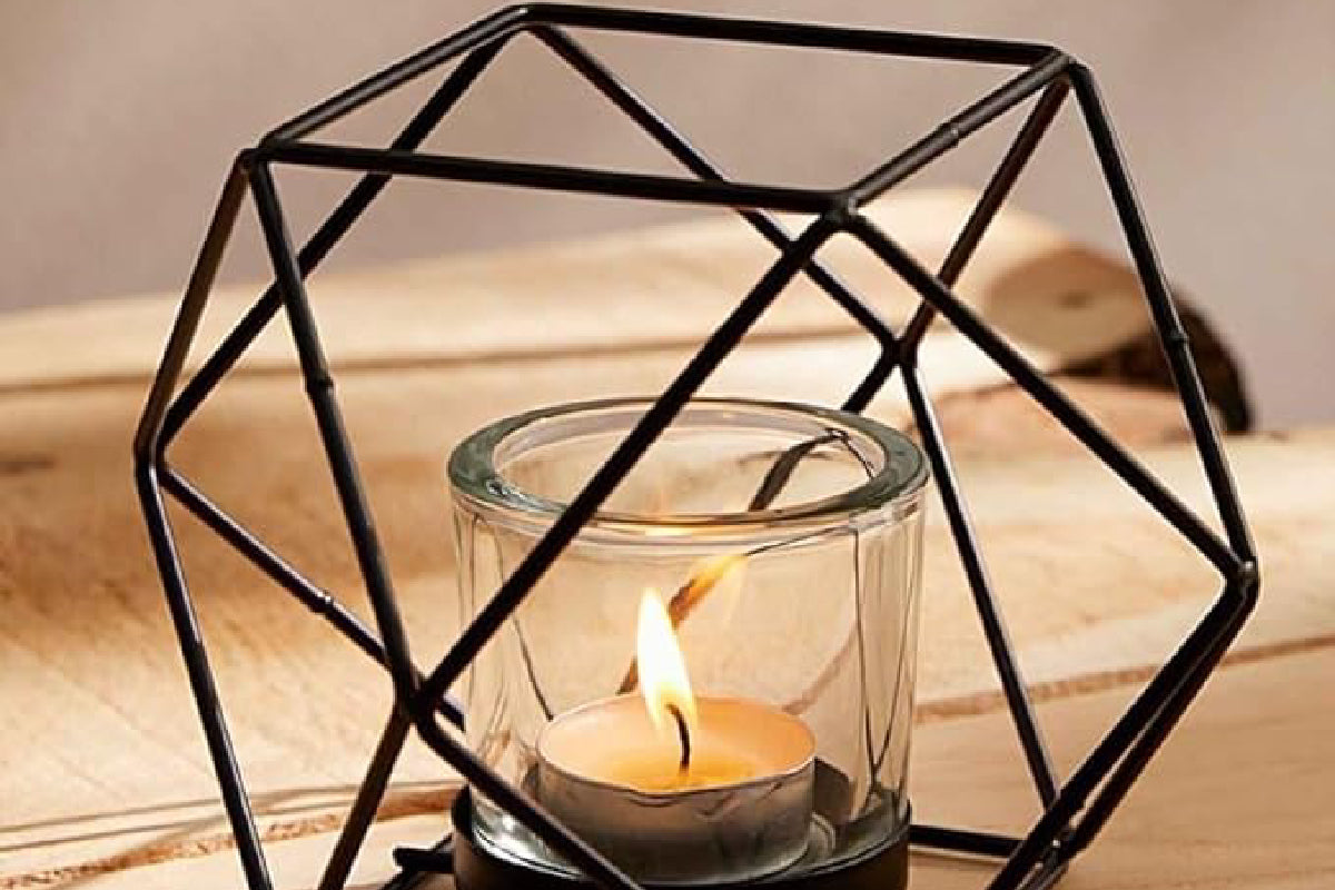 GEOMETRIC CANDLE TEALIGHT HOLDER/METAL/13cm/HEXAGON SHAPE/BLACK COLOUR