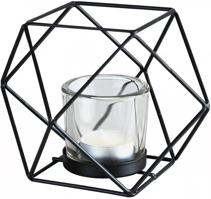 GEOMETRIC CANDLE TEALIGHT HOLDER/METAL/13cm/HEXAGON SHAPE/BLACK COLOUR