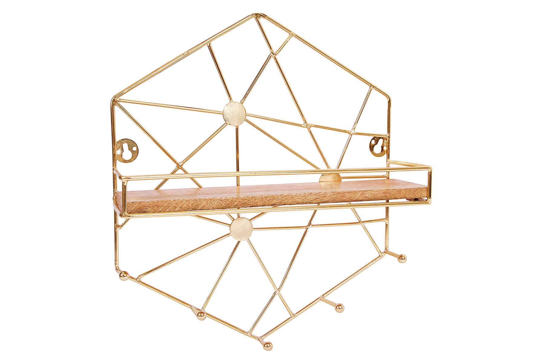 Hexagon Wooden Wall Shelf with 5 Hooks & Gold Frame