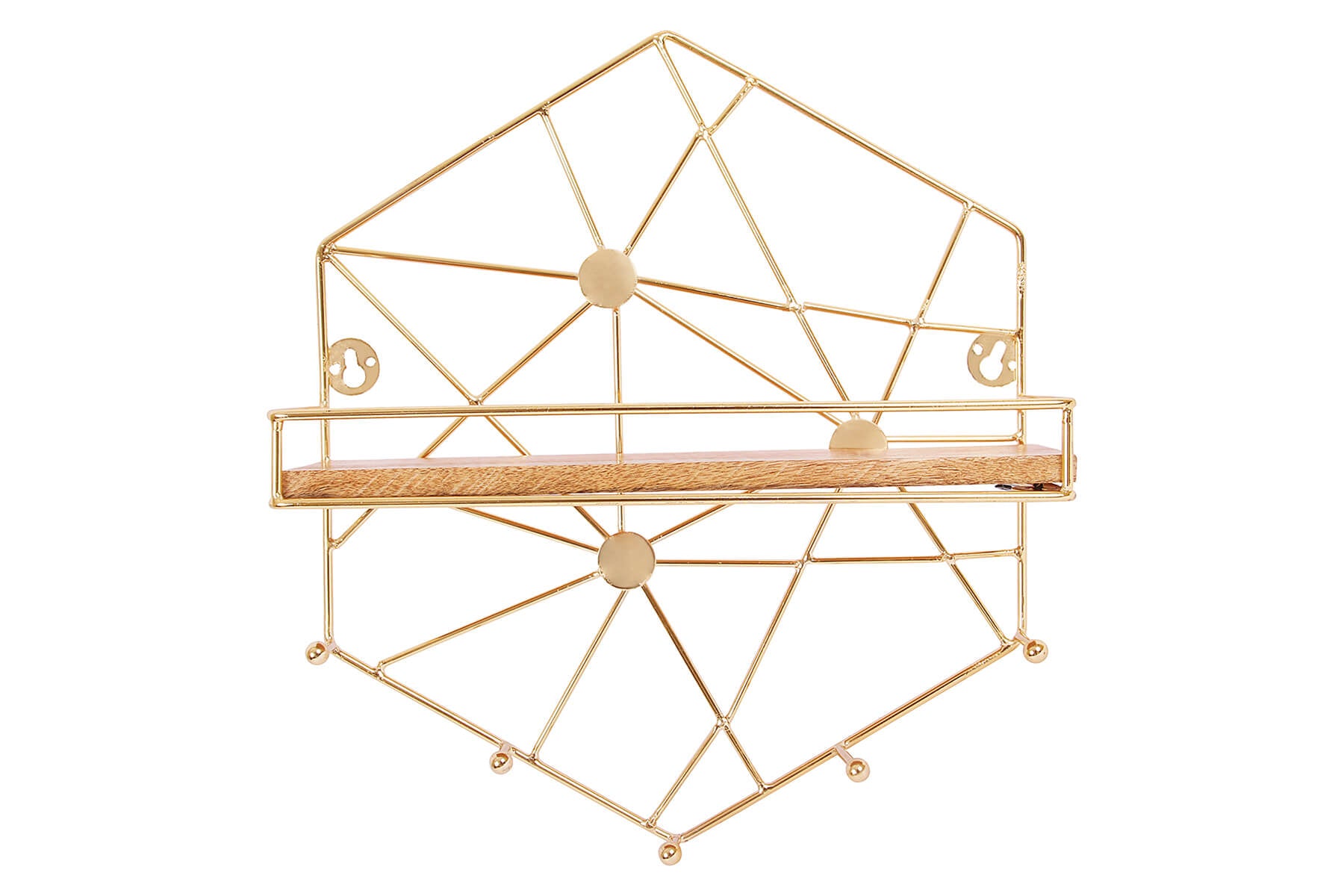 Hexagon Wooden Wall Shelf with 5 Hooks & Gold Frame