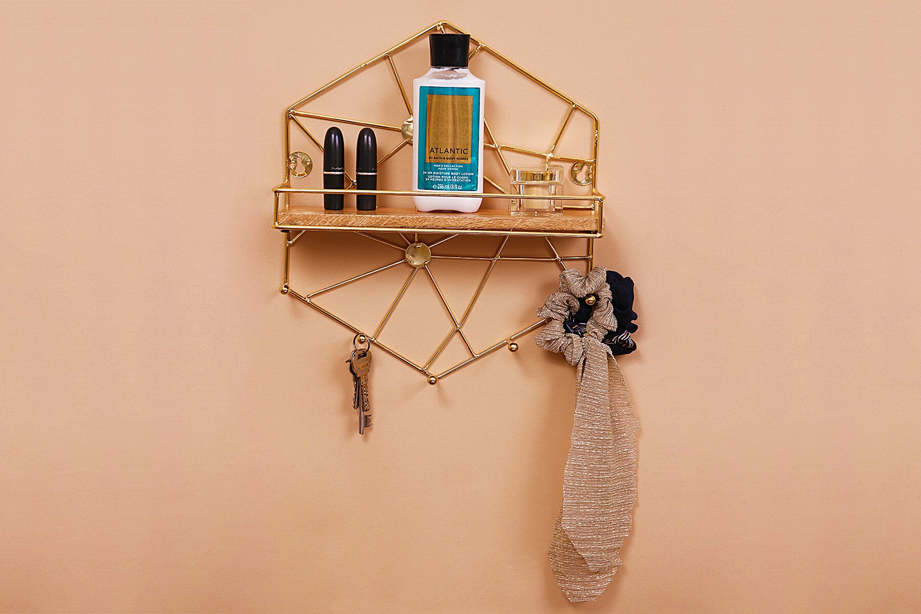 Hexagon Wooden Wall Shelf with 5 Hooks & Gold Frame