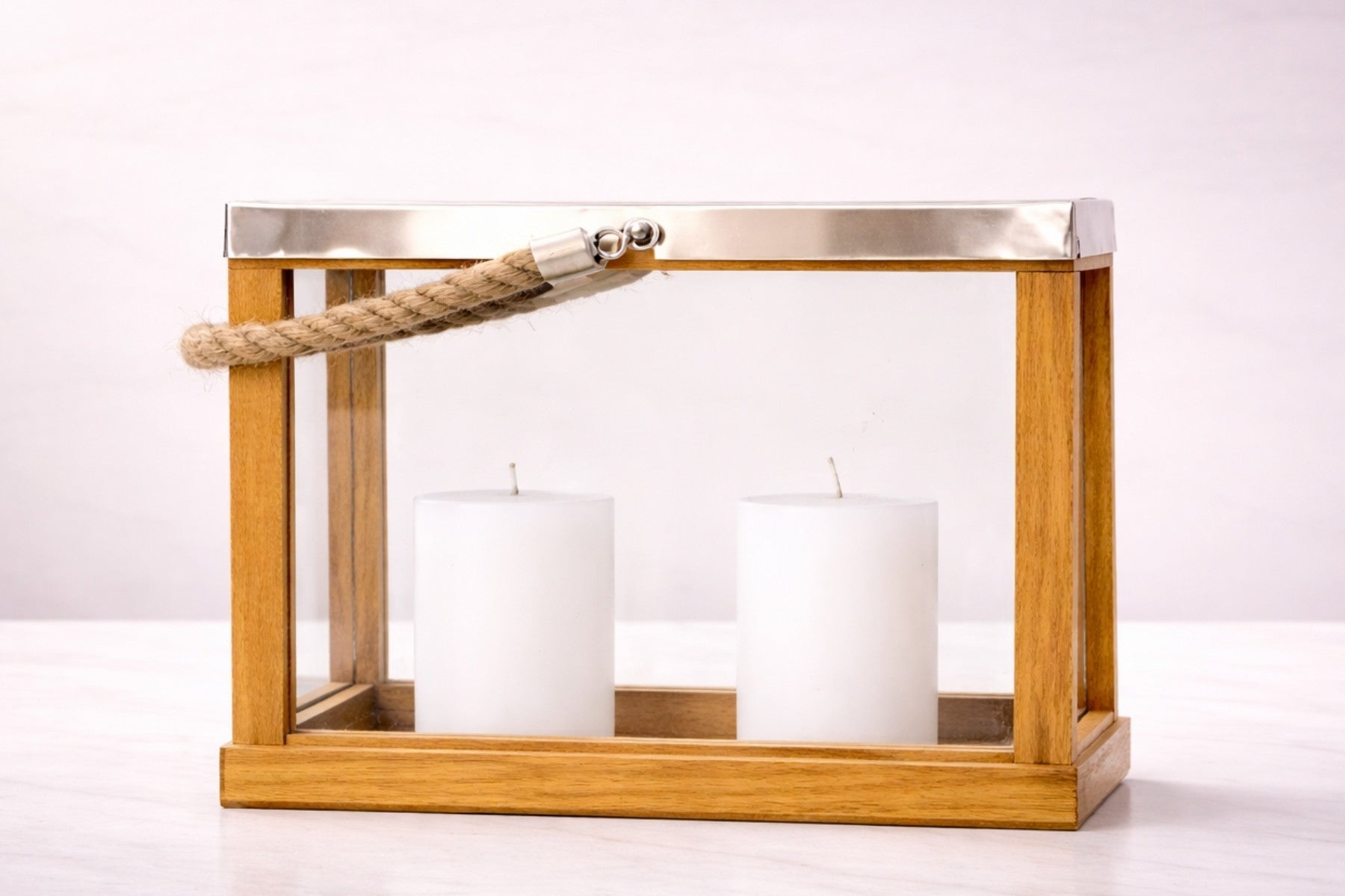 Wooden Lantern/ Candle Holder/ Box Shape/ Metal Lid With Rope