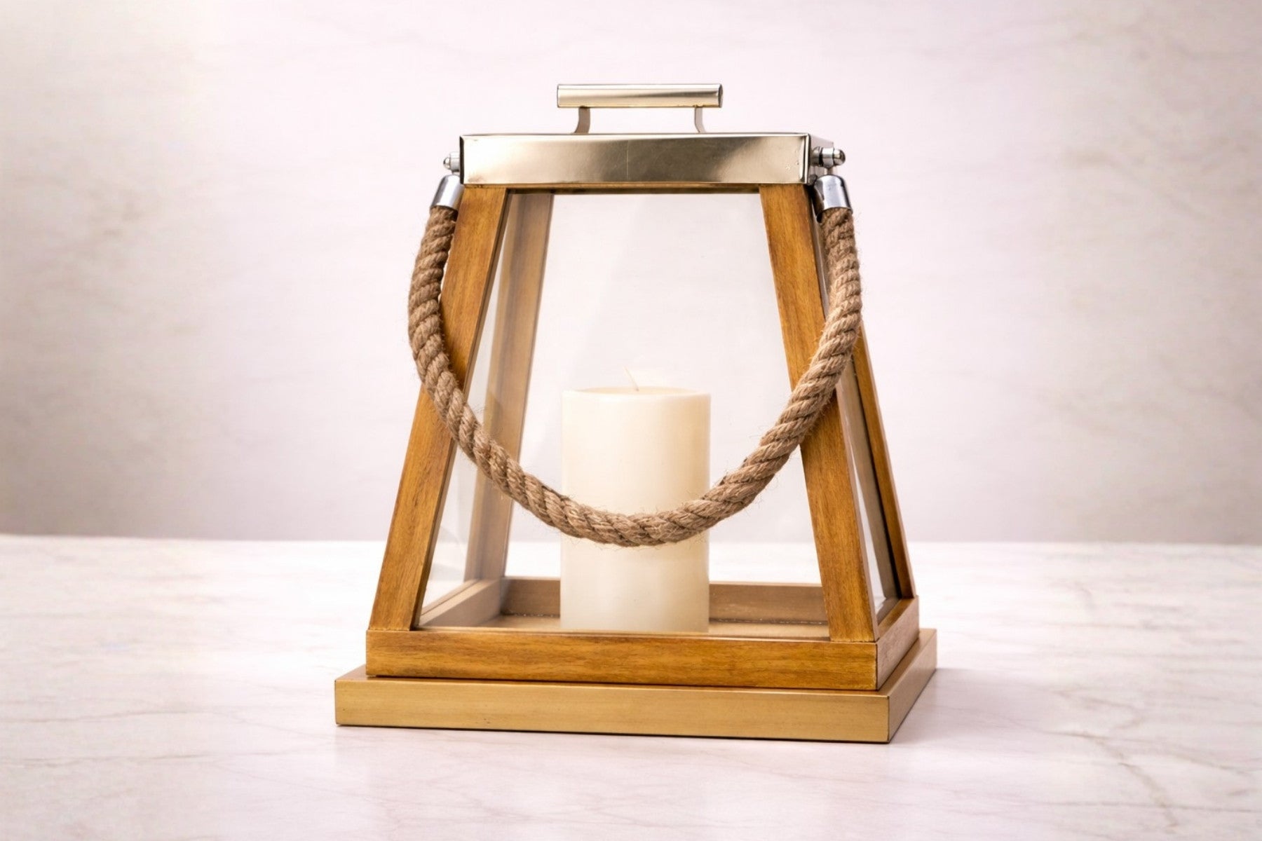 Wooden Lantern/ Candle Holder/ Tapered Shape/ Metal Lid With Rope