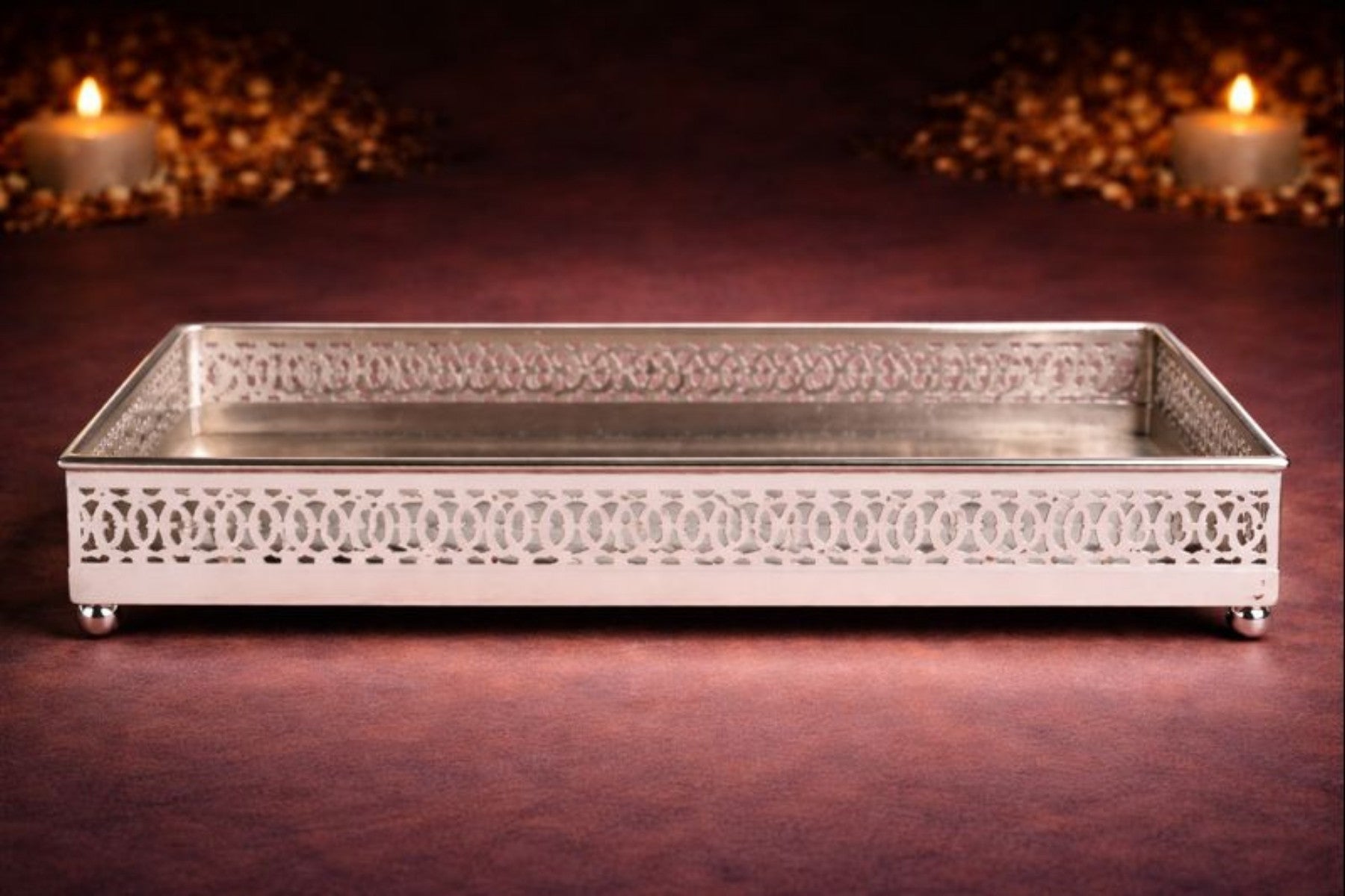 LARGE ACCENT TRAY WITH ARTISTIC BORDER FOR DÉCOR, GIFTING, TROUSSEAU & RETURN-FAVOUR PACKING (40cm length)