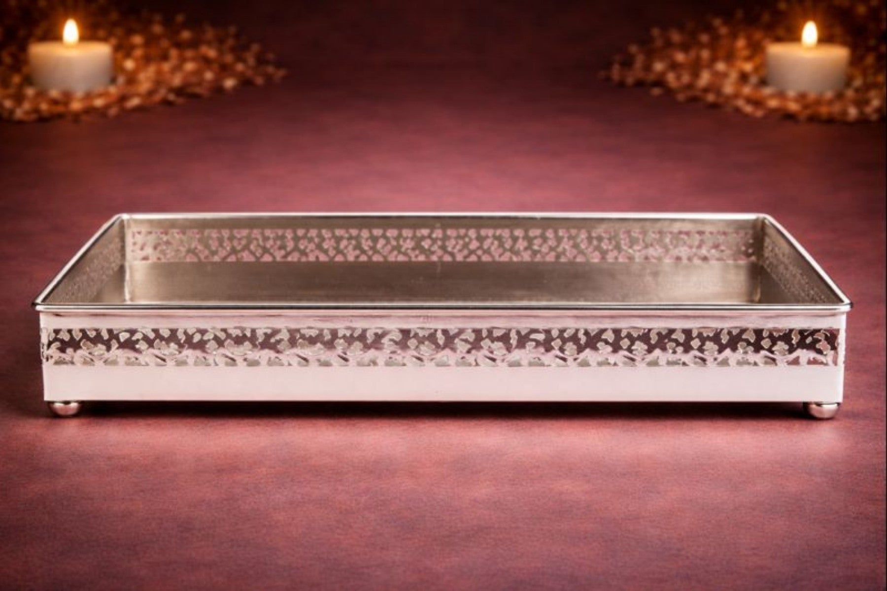 SILVER ACCENT TRAY, PERFUME COSMETIC ORGANIZER FOR GIFTING, TROUSSEAU & RETURN-FAVOUR PACKING (40cm length)