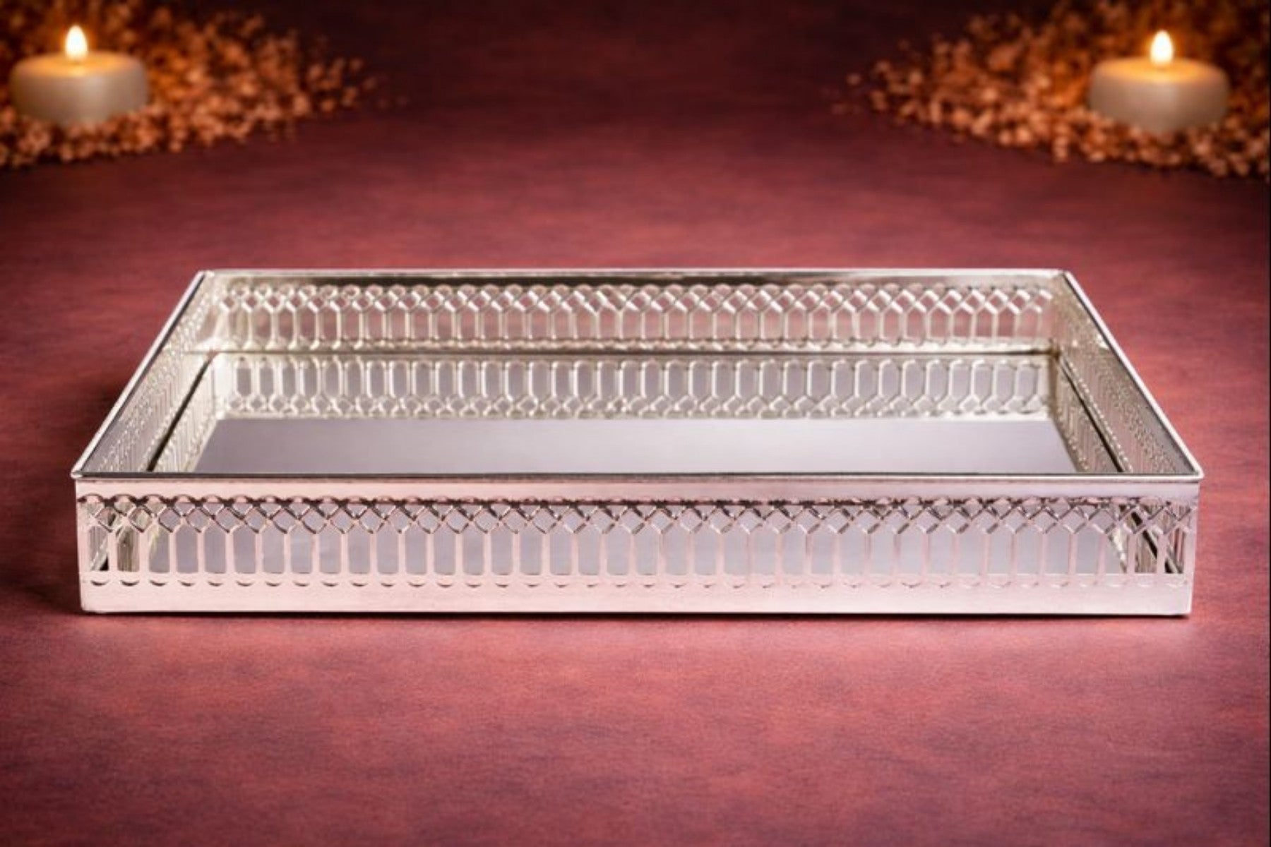 LARGE ACCENT TRAY WITH MIRROR FOR GIFTING, TROUSSEAU PACKING, DECOR (40cm Diameter)