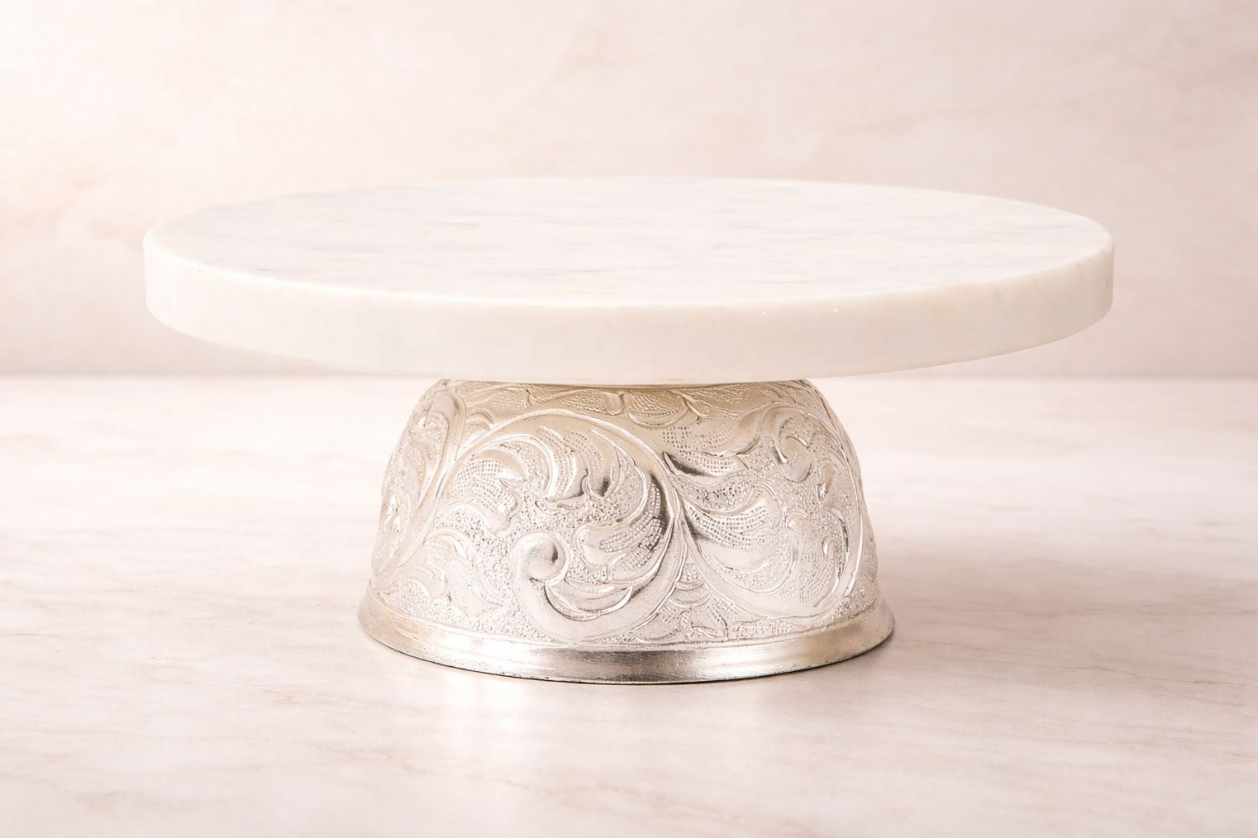 MARBLE CAKE STAND WITH SILVER CARVED BASE/ CAKE PLATTER/ SERVING PLATTER