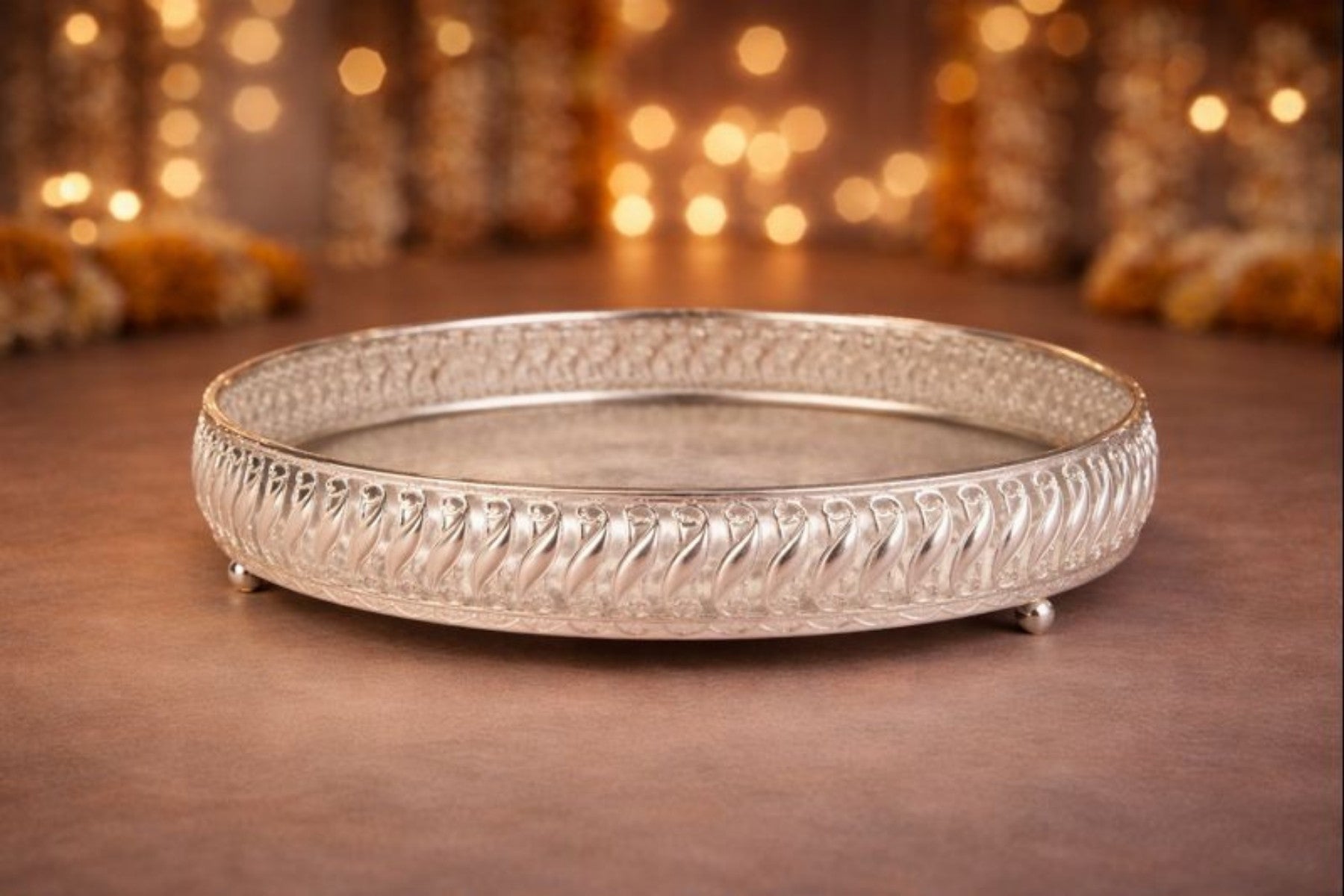 ROUND ACCENT TRAY WITH MIRROR & WAVE DESIGN FOR GIFTING, TROUSSEAU PACKING, DECOR (30cm Diameter)