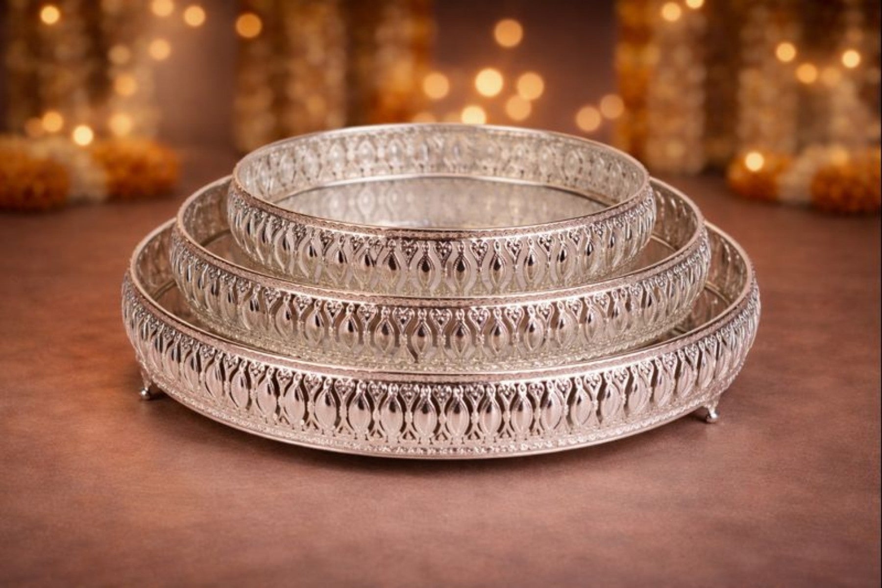 ROUND HAMPER TRAYS SET OF 3 WITH MIRROR FOR GIFTING, TROUSSEAU PACKING, DECOR