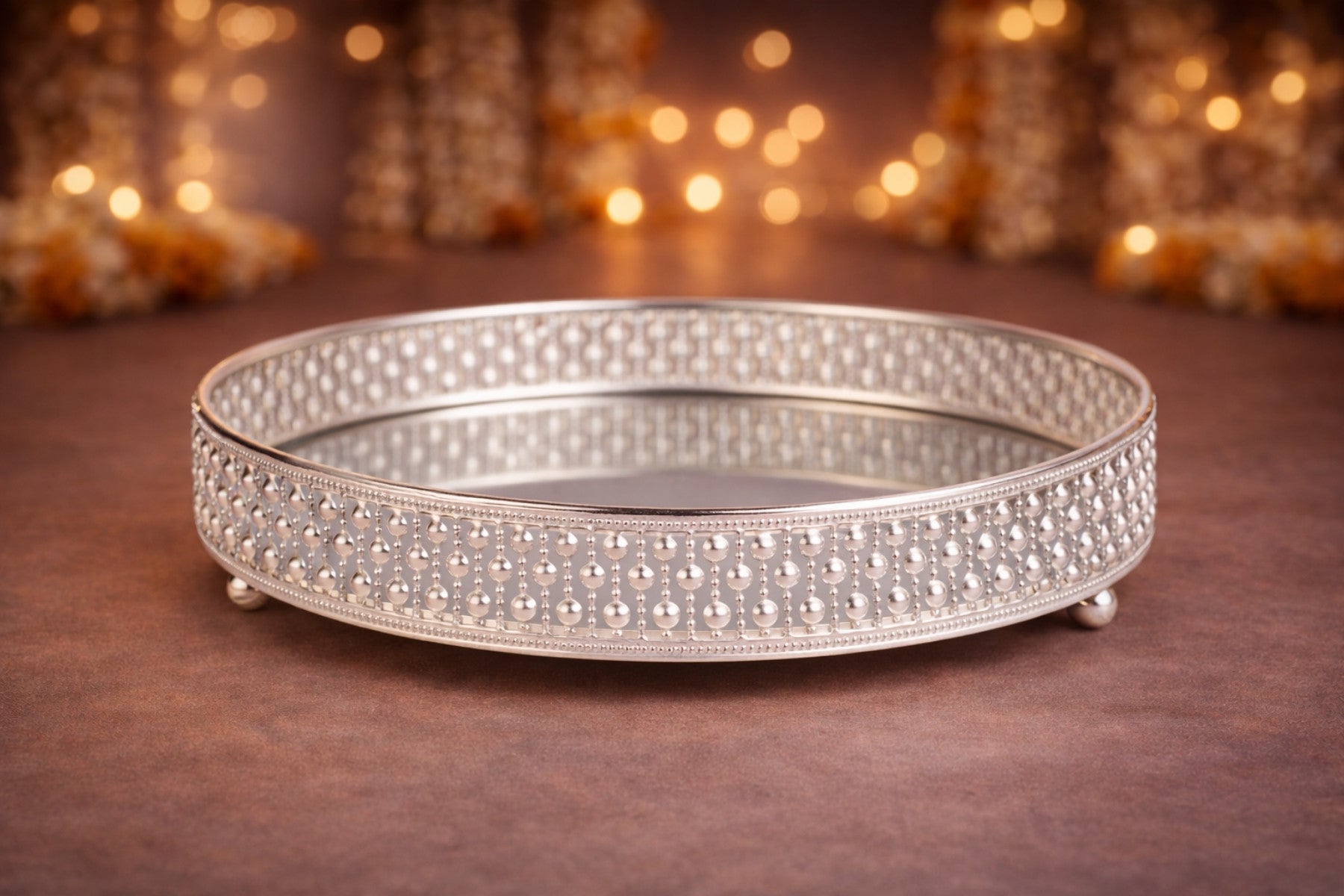 ROUND HAMPER TRAY WITH MIRROR & MOTI BORDER FOR GIFTING, TROUSSEAU PACKING, DECOR (30cm diameter)
