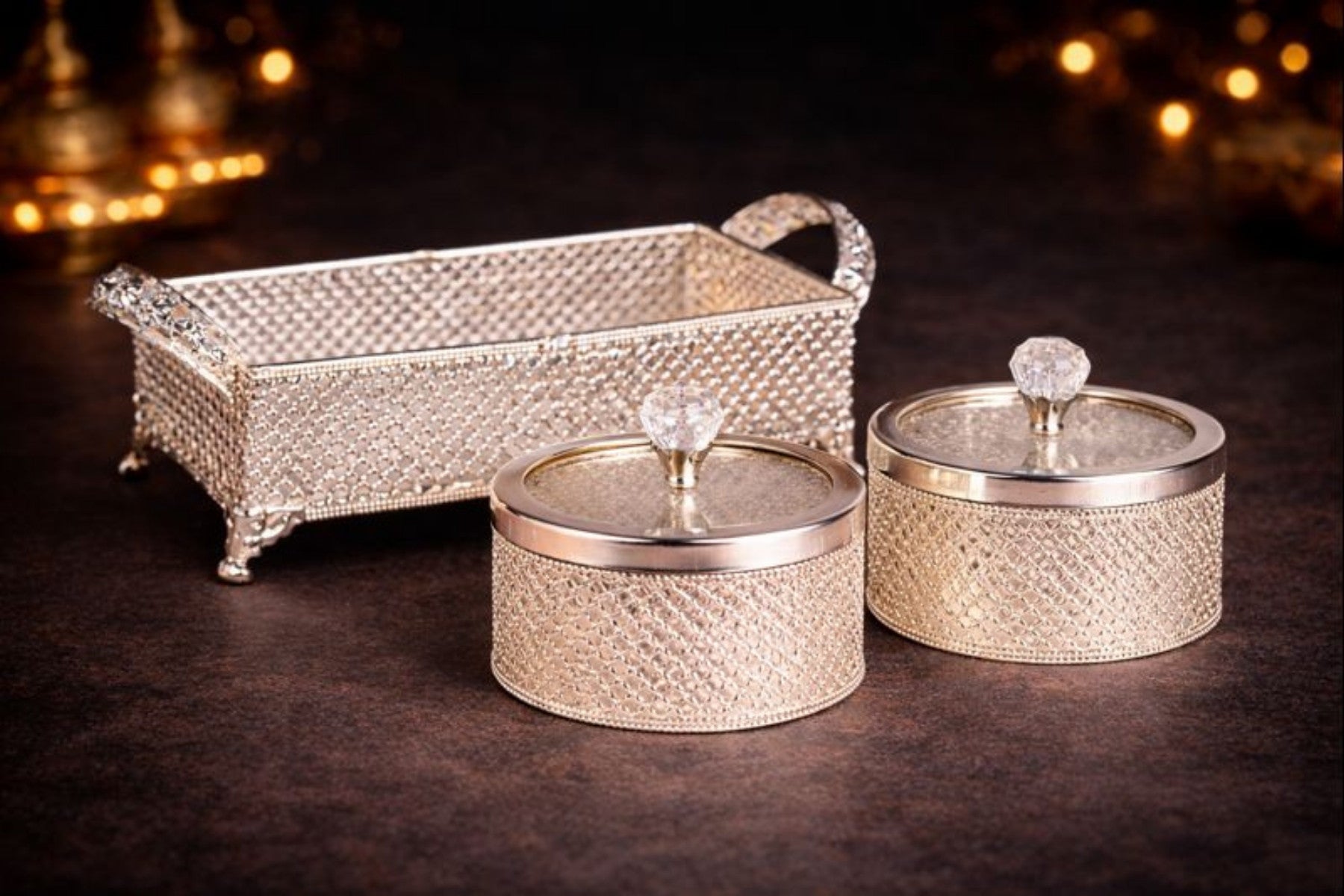 WEDDING RETURN GIFT SET | SILVER FRUIT JARS WITH TRAY SET
